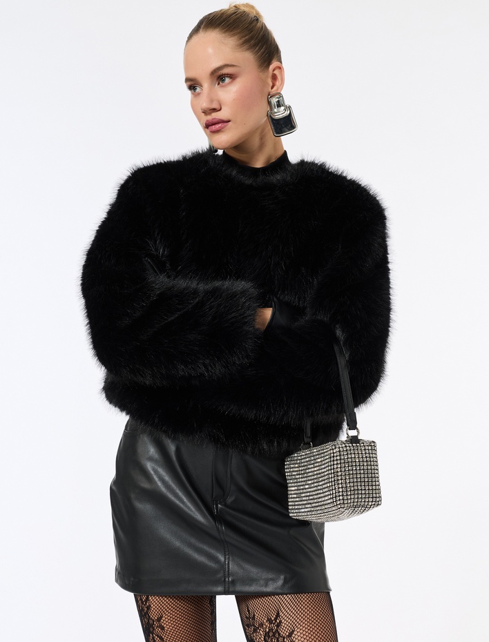  Suni Kürk Mont Crop Uzun Kollu Bisiklet Yaka