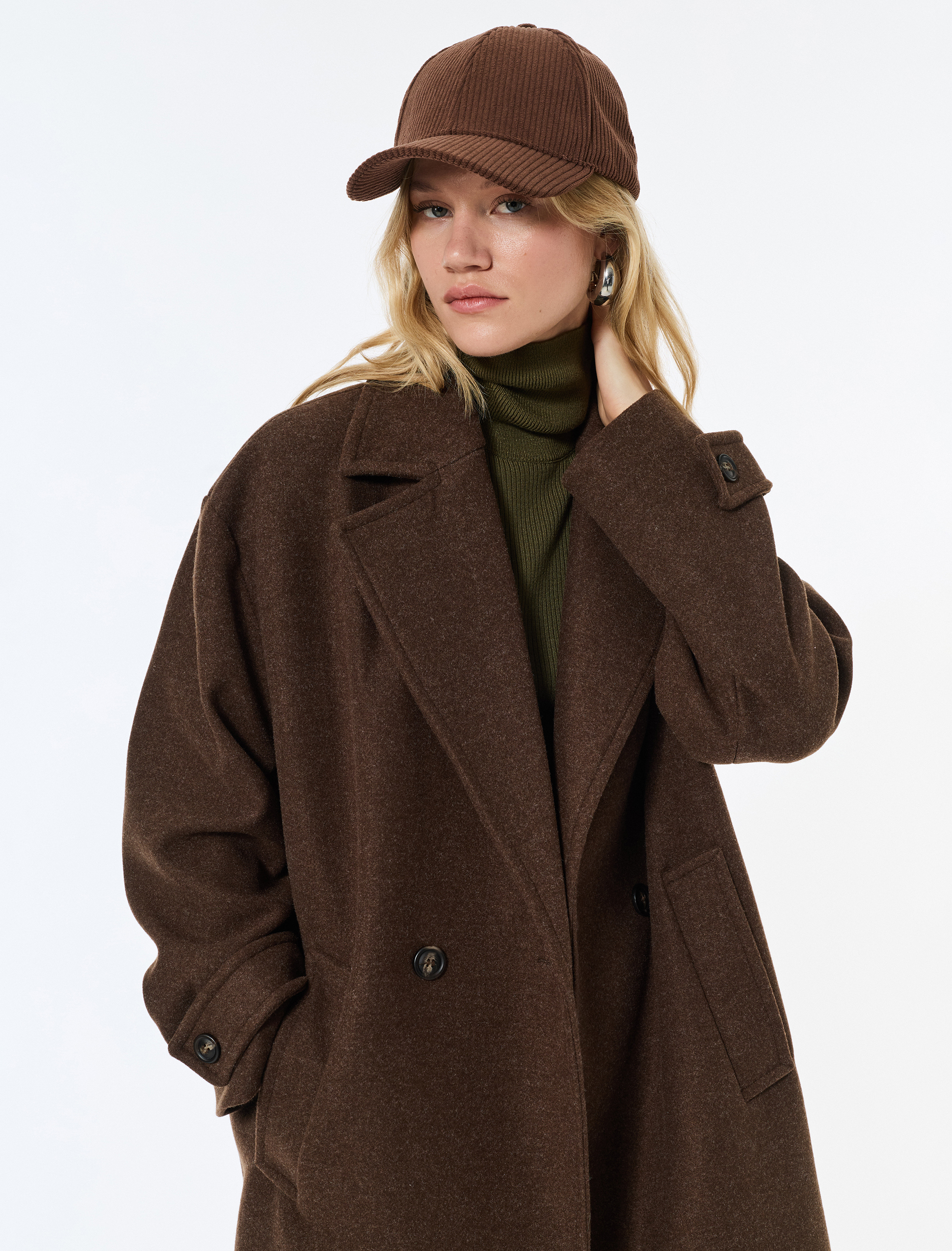   Oversize Kaban Kaşe Astarlı Düğmeli Kruvaze Uzun Kollu