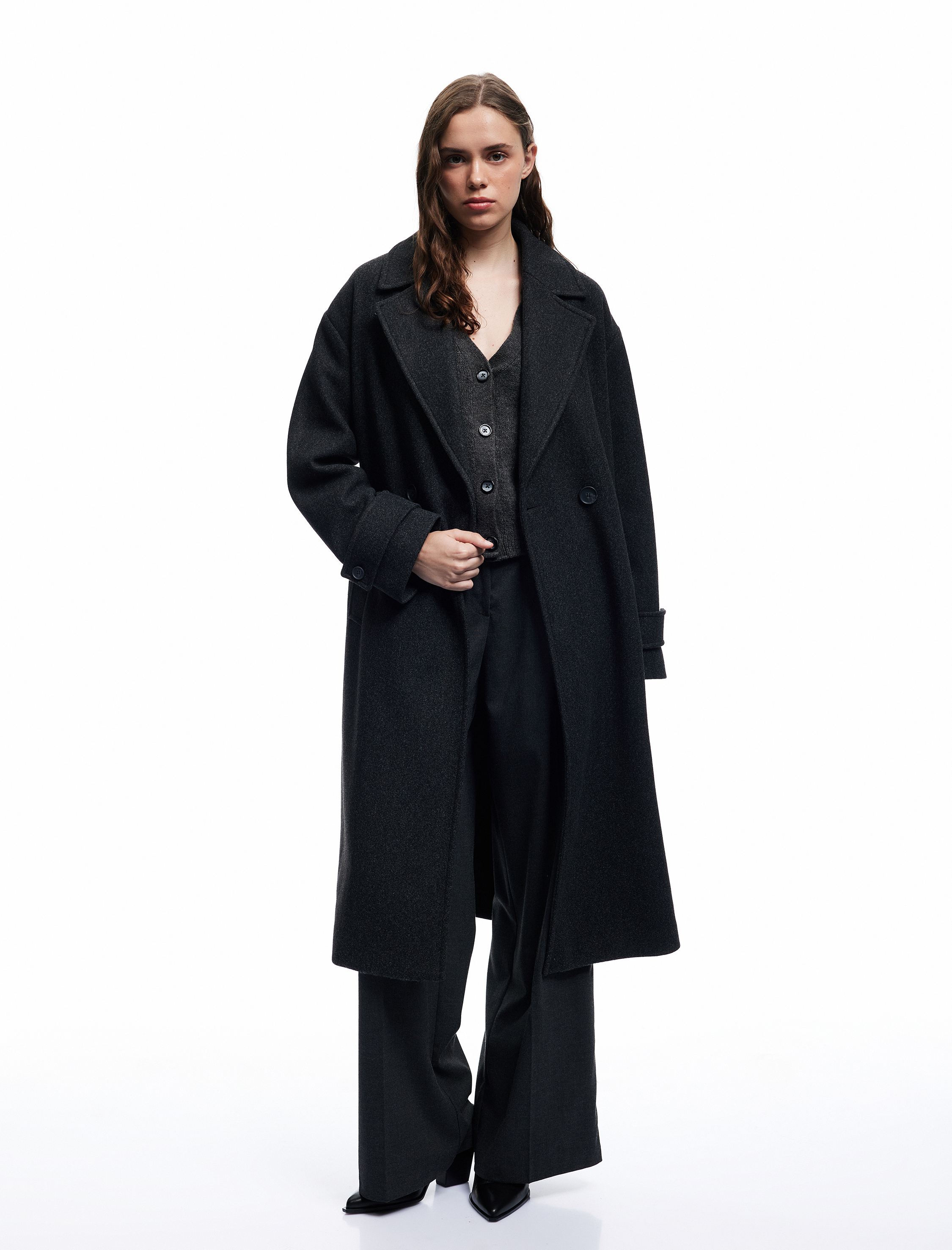   Oversize Kaban Kaşe Astarlı Düğmeli Kruvaze Uzun Kollu