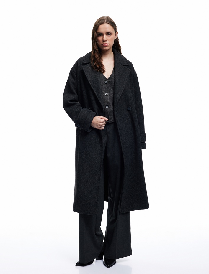  Oversize Kaban Kaşe Astarlı Düğmeli Kruvaze Uzun Kollu