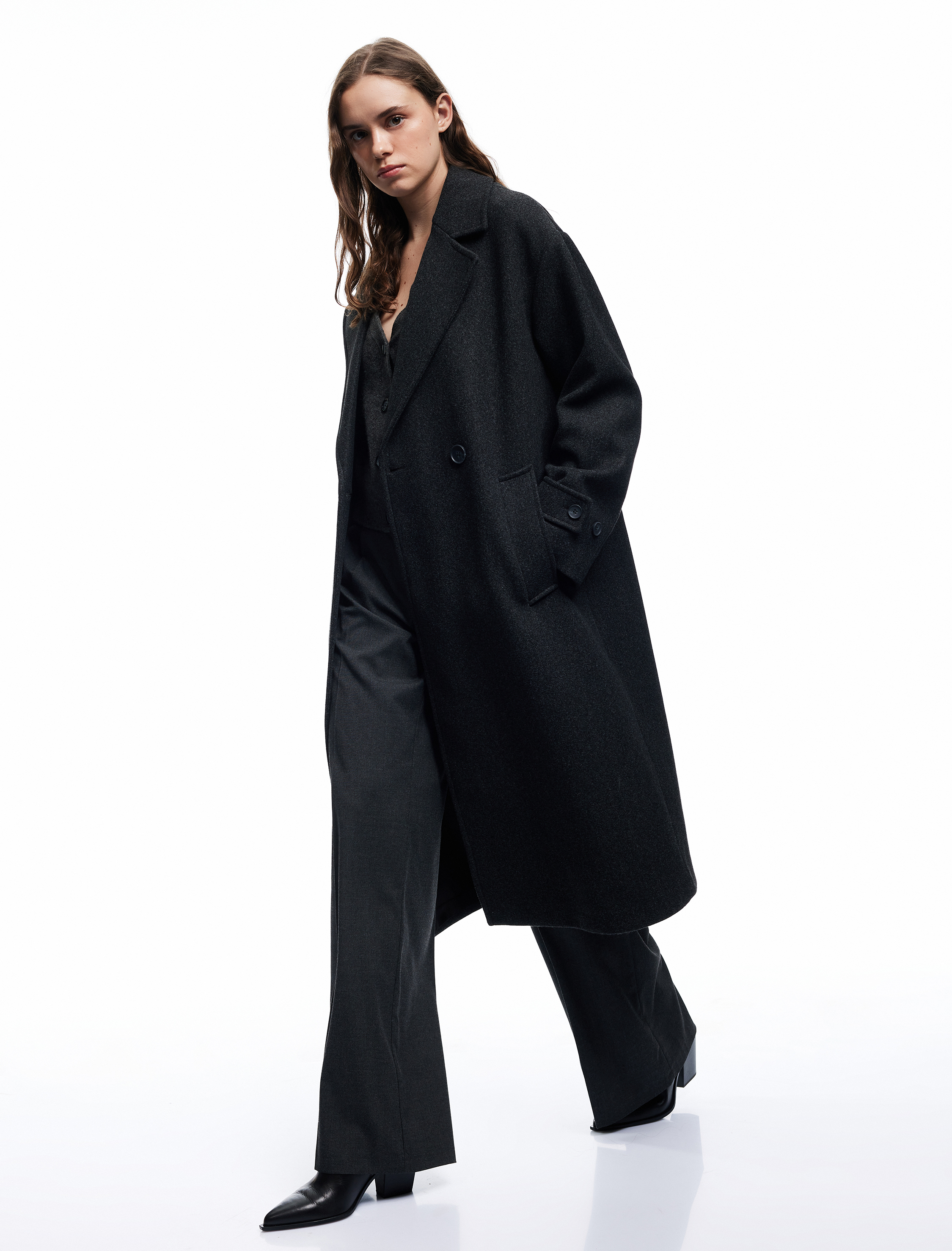   Oversize Kaban Kaşe Astarlı Düğmeli Kruvaze Uzun Kollu