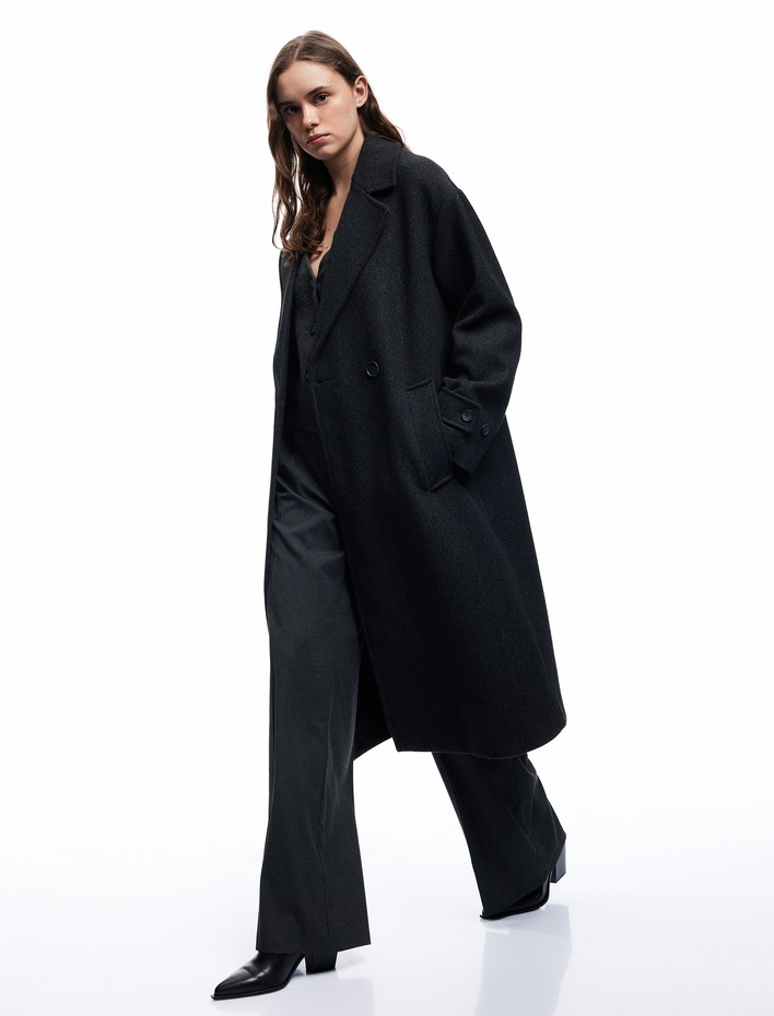  Oversize Kaban Kaşe Astarlı Düğmeli Kruvaze Uzun Kollu