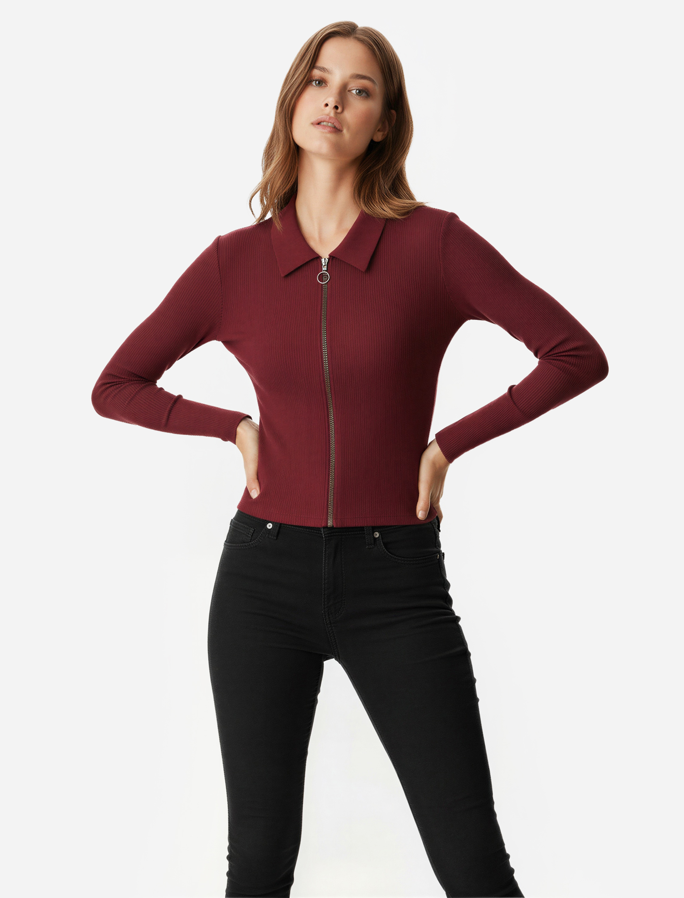   Fermuarlı Slim Fit Gömlek Yaka Kaşkorse Uzun Kollu Tişört