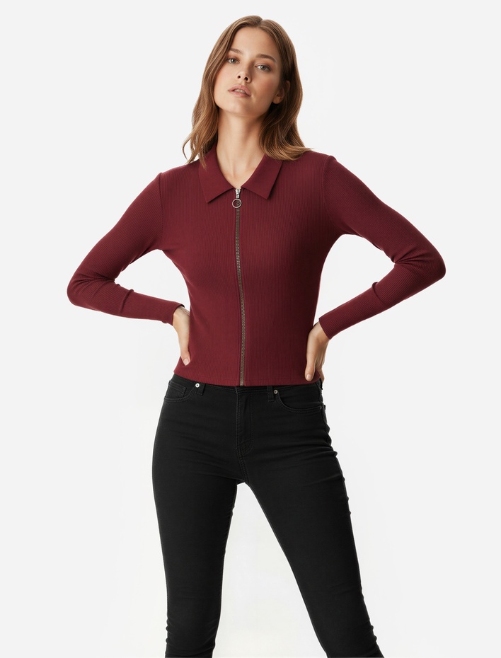  Fermuarlı Slim Fit Gömlek Yaka Kaşkorse Uzun Kollu Tişört