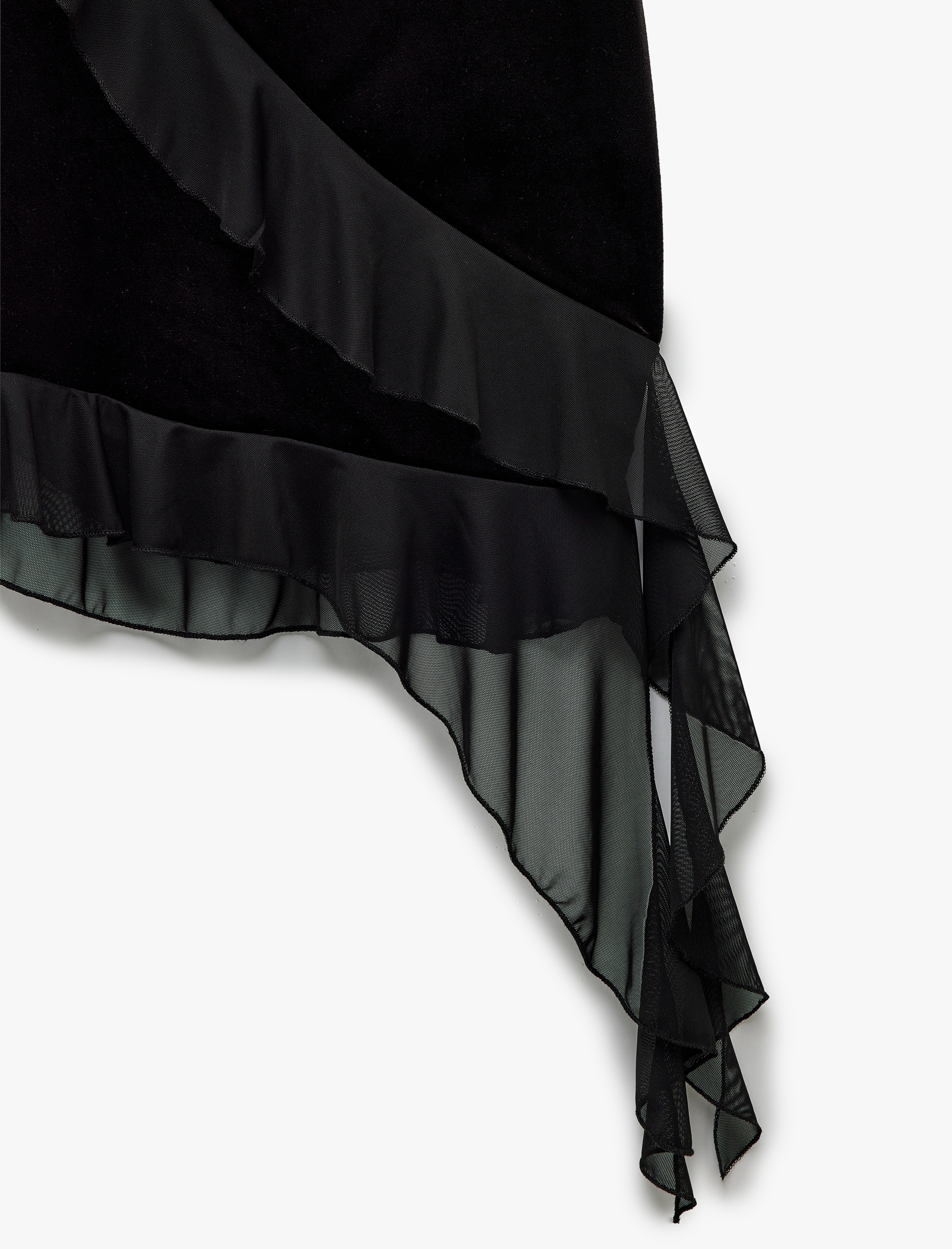   Degaje Yaka Kadife Volanlı Asimetrik Kesim Askılı Elbise