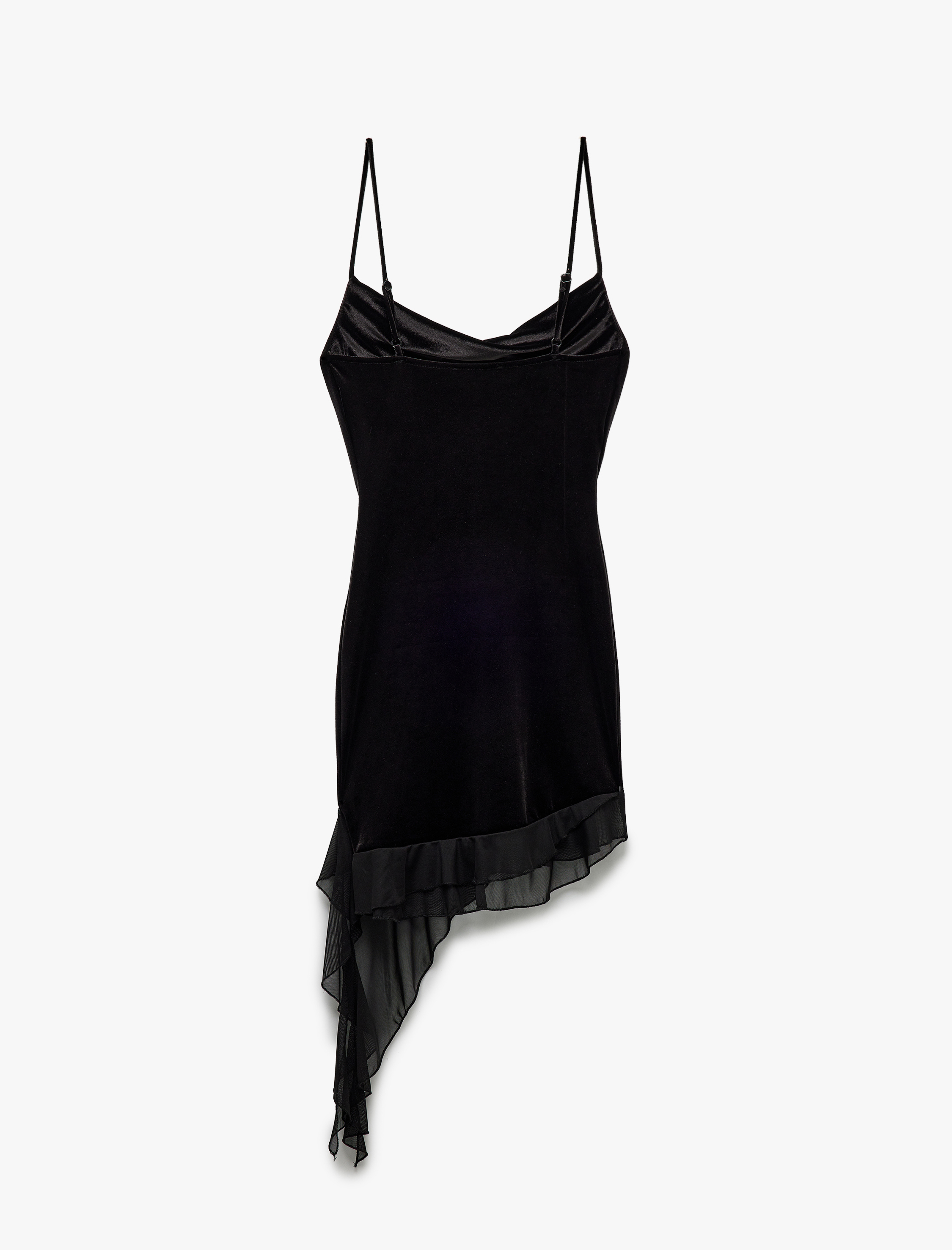   Degaje Yaka Kadife Volanlı Asimetrik Kesim Askılı Elbise