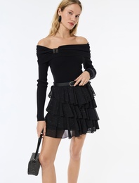 Volanlı Katlı Simli Mini Abiye Etek