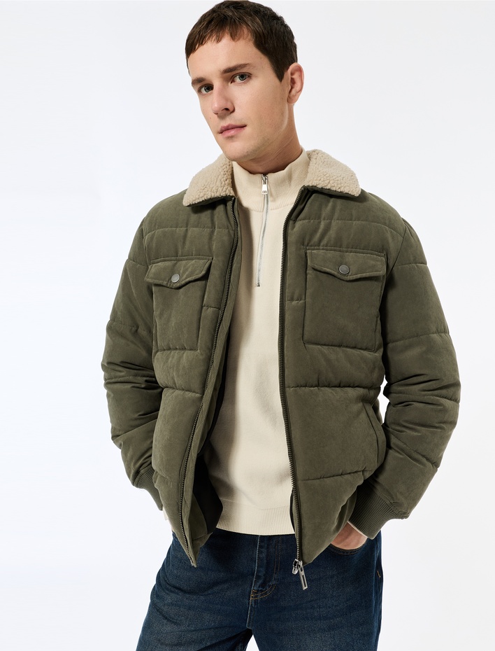  Uzun Kollu Cep Detaylı Fermuarlı Peluş Yaka Kışlık Ceket