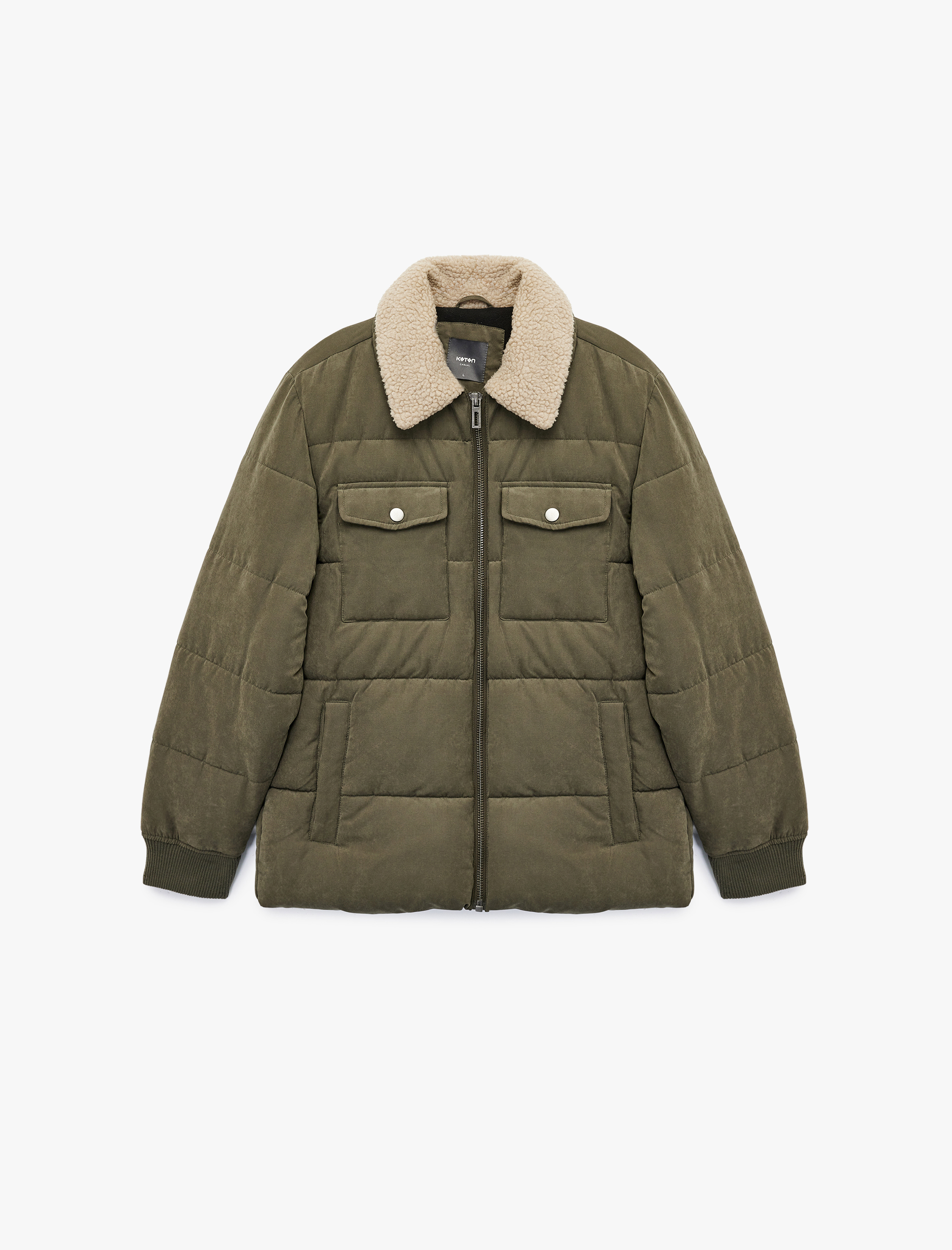   Uzun Kollu Cep Detaylı Fermuarlı Peluş Yaka Kışlık Ceket