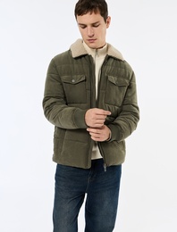 Uzun Kollu Cep Detaylı Fermuarlı Peluş Yaka Kışlık Ceket