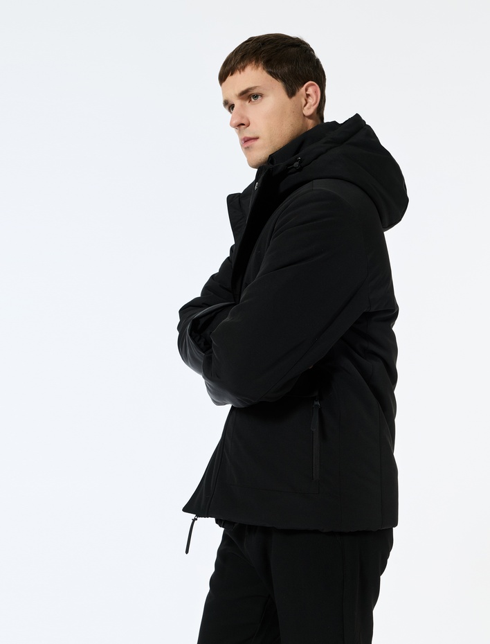  Çıtçıt Düğme Detaylı Fermuarlı Cepli Kapüşonlu Kışlık Şişme Ceket