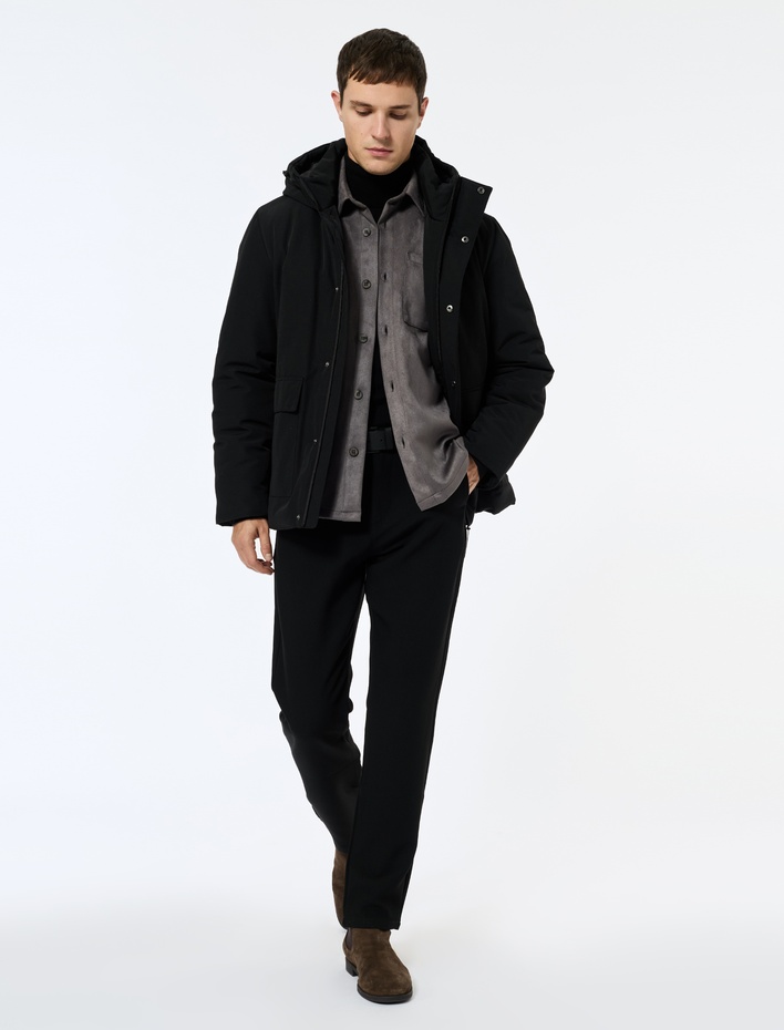  Çıtçıt Düğme Detaylı Fermuarlı Cepli Kapüşonlu Kışlık Şişme Ceket