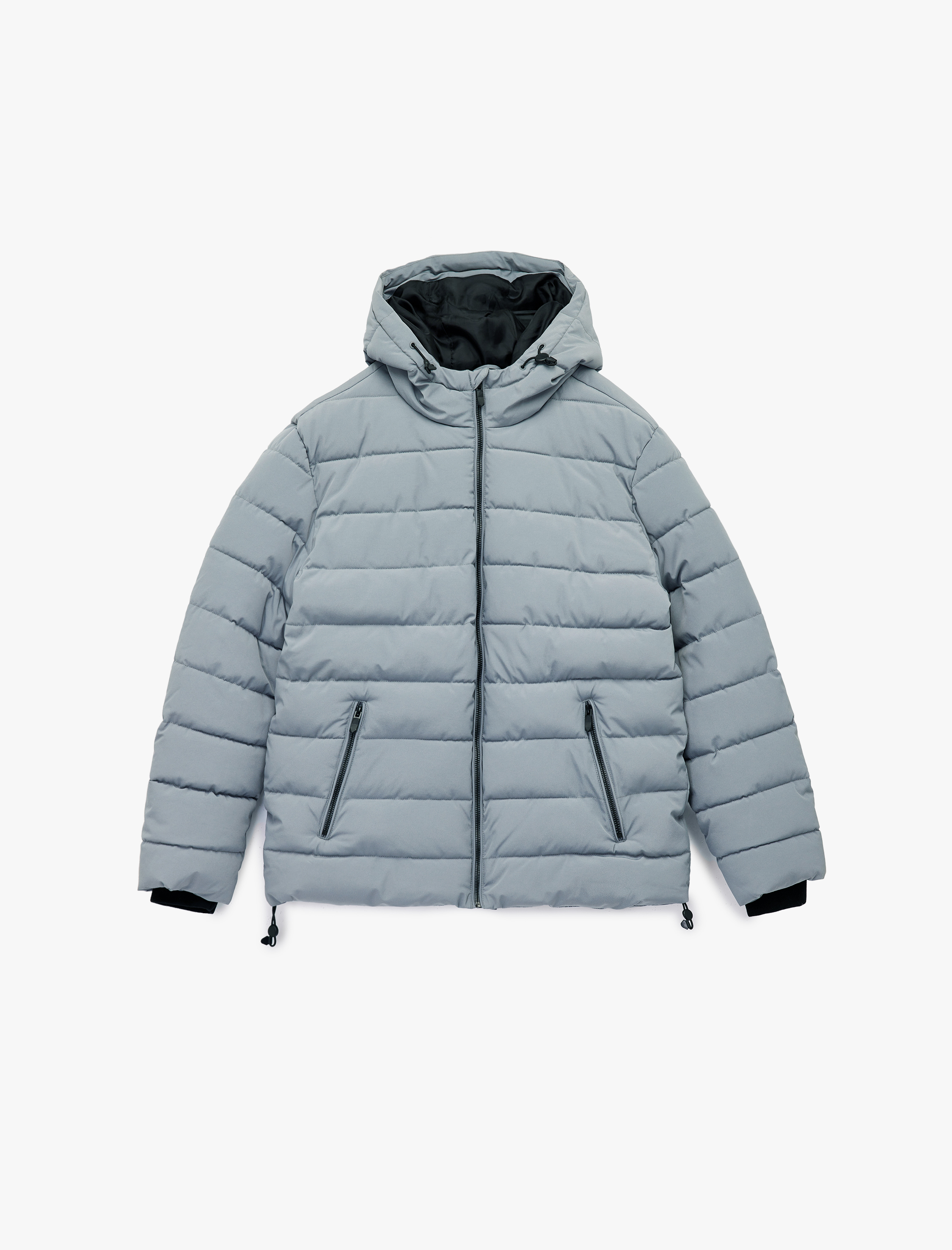   Kapüşonlu Uzun Kollu Fermuarlı Cepli Kışlık Şişme Mont