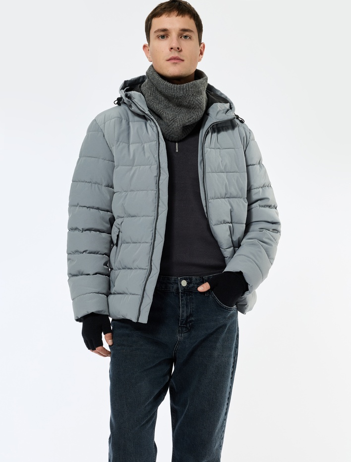  Kapüşonlu Uzun Kollu Fermuarlı Cepli Kışlık Şişme Mont