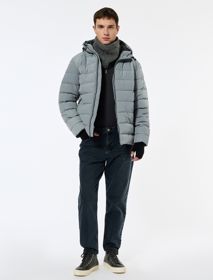  Kapüşonlu Uzun Kollu Fermuarlı Cepli Kışlık Şişme Mont