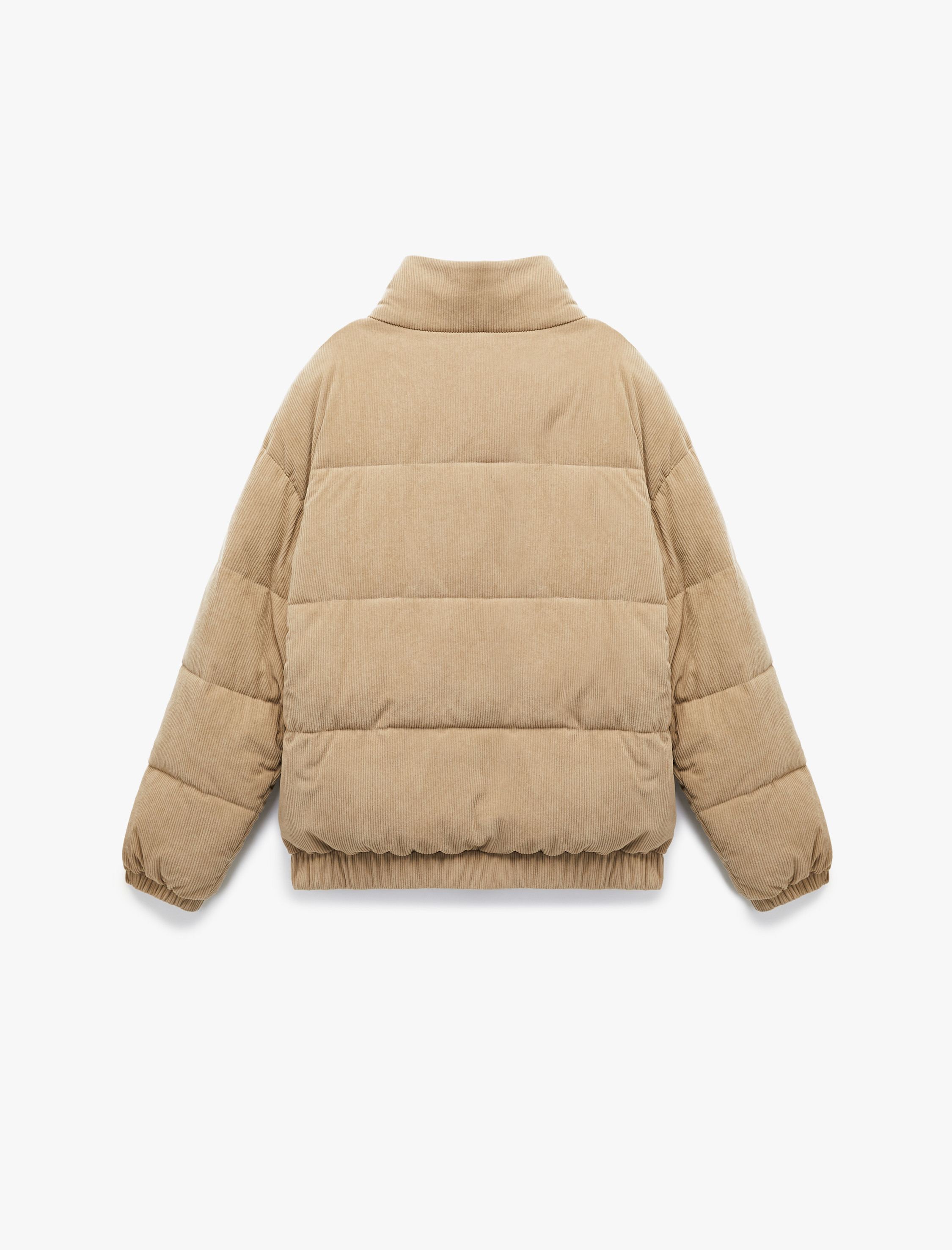   Dik Yaka Uzun Kollu Cep Detaylı Fermuarlı Fitilli Kadife Kışlık Şişme Mont