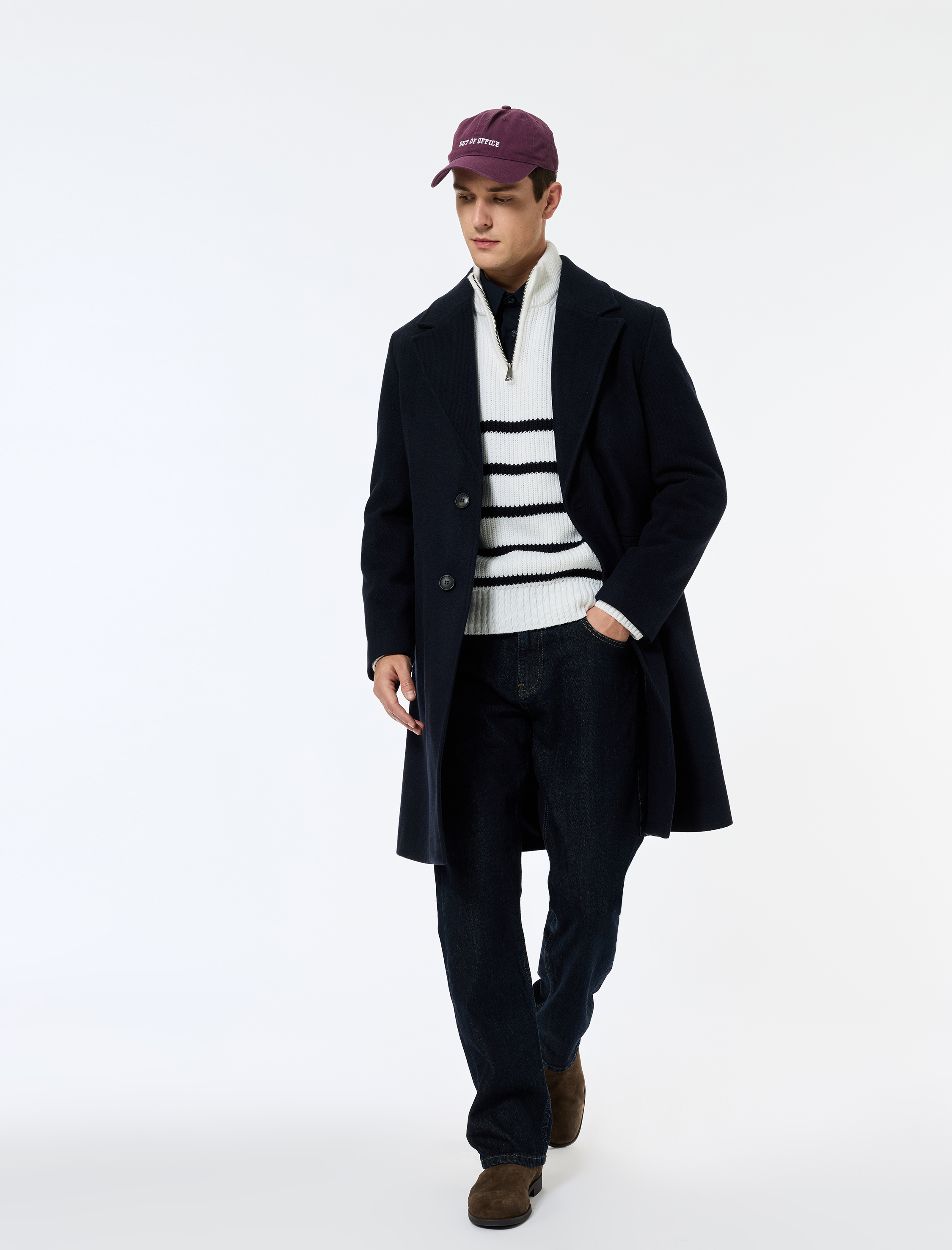   Cep Detaylı Uzun Kollu Düğmeli Dar Kalıp Kruvaze Yaka Kaşe Kaban