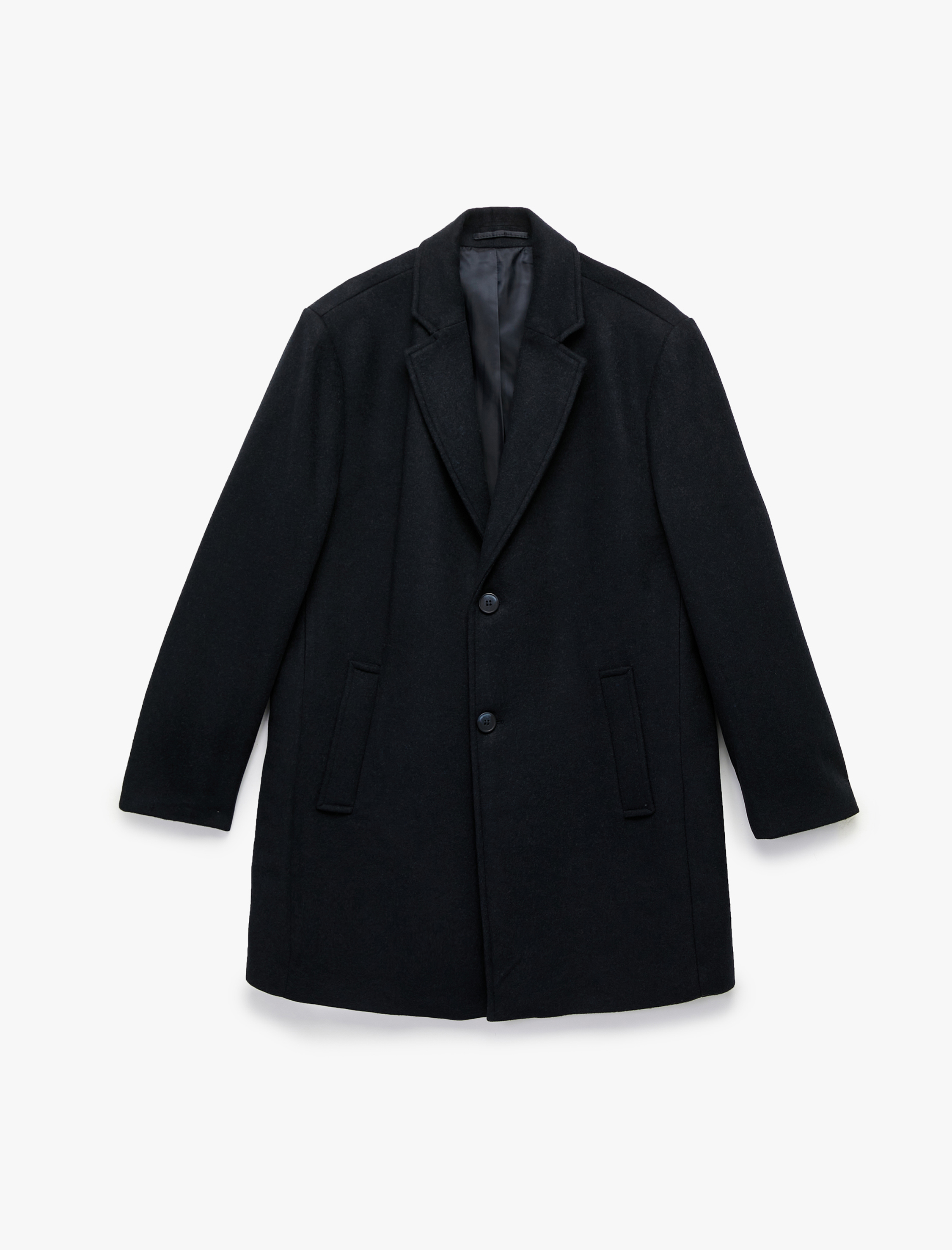   Cep Detaylı Uzun Kollu Düğmeli Dar Kalıp Kruvaze Yaka Kaşe Kaban