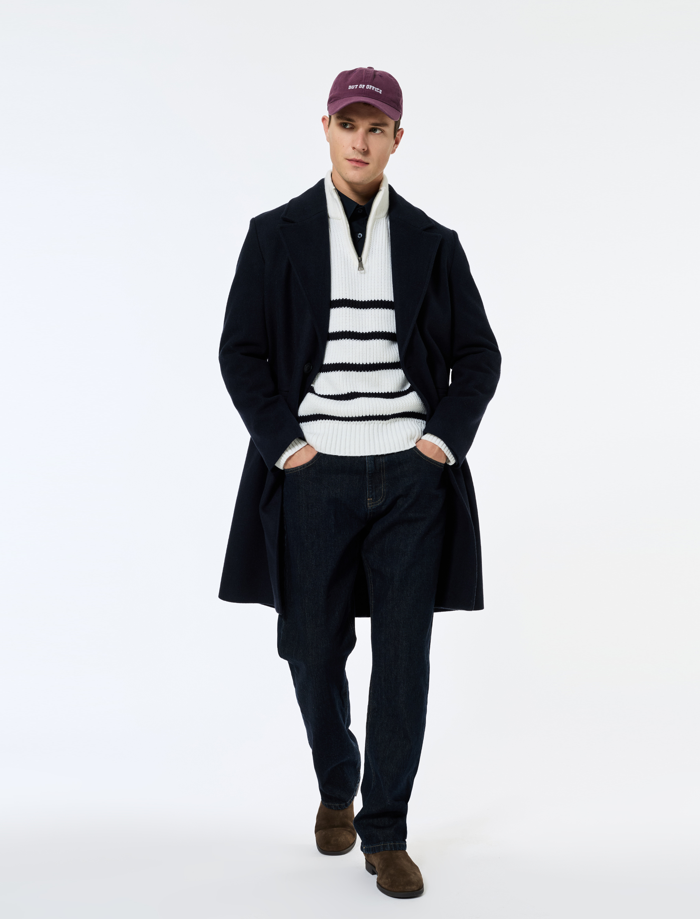   Cep Detaylı Uzun Kollu Düğmeli Dar Kalıp Kruvaze Yaka Kaşe Kaban