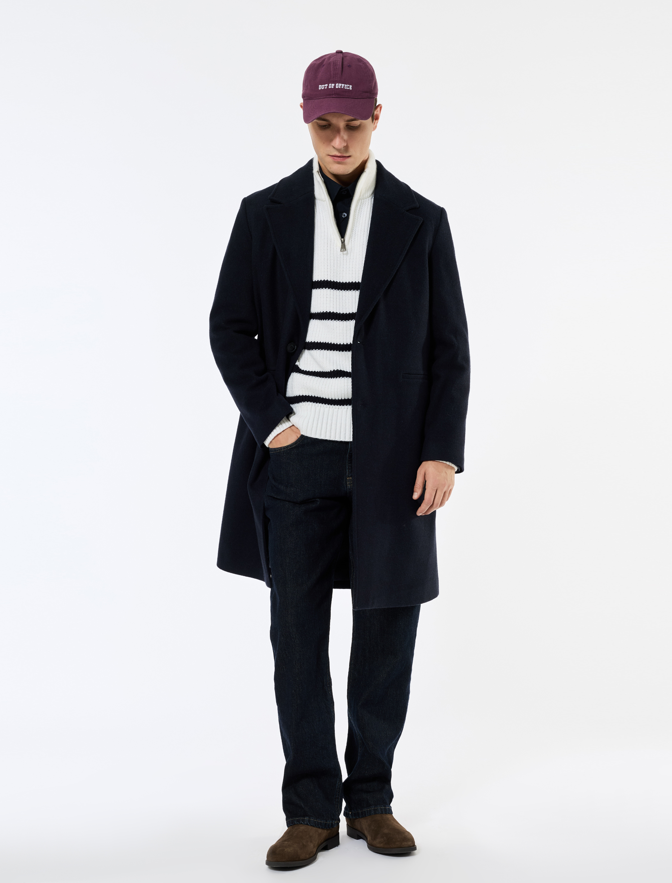   Cep Detaylı Uzun Kollu Düğmeli Dar Kalıp Kruvaze Yaka Kaşe Kaban