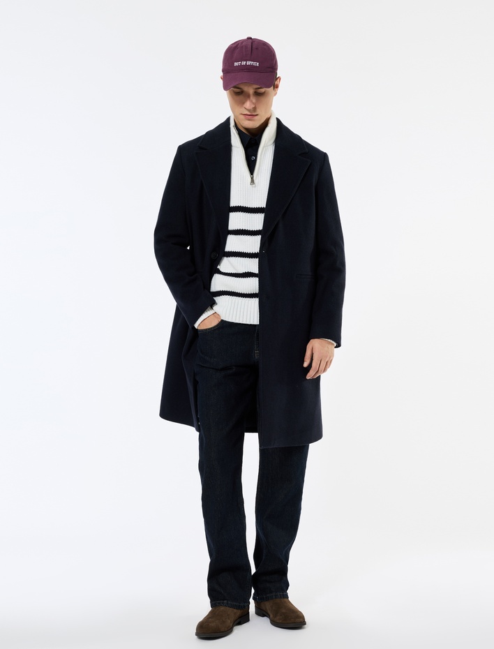  Cep Detaylı Uzun Kollu Düğmeli Dar Kalıp Kruvaze Yaka Kaşe Kaban