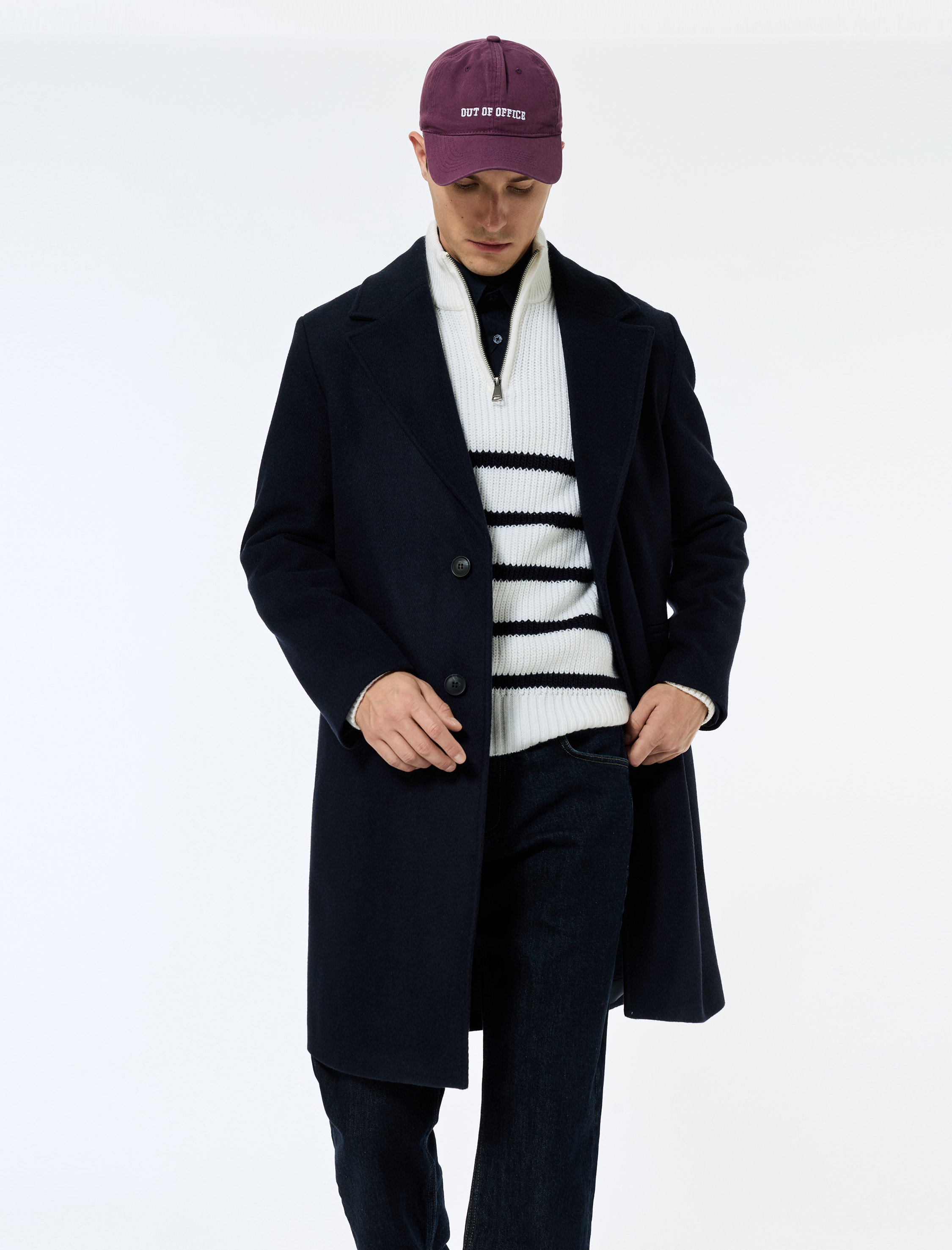   Cep Detaylı Uzun Kollu Düğmeli Dar Kalıp Kruvaze Yaka Kaşe Kaban