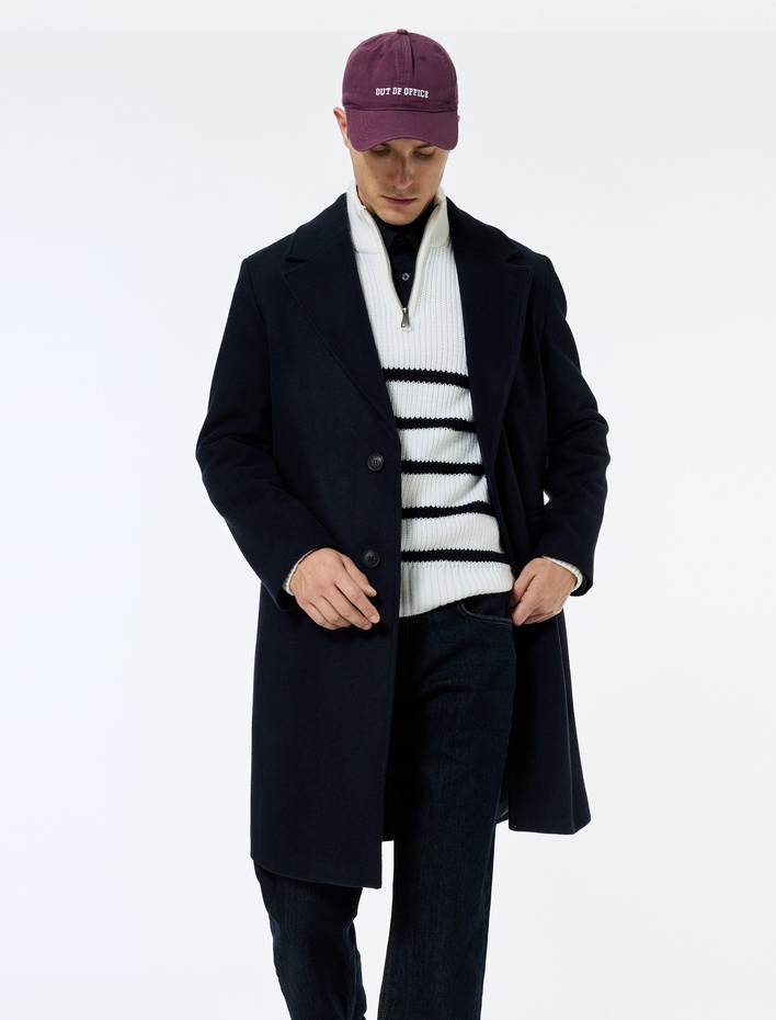  Cep Detaylı Uzun Kollu Düğmeli Dar Kalıp Kruvaze Yaka Kaşe Kaban