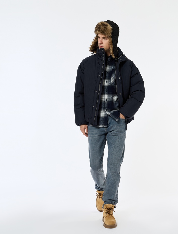  Uzun Kollu Fermuarlı Dik Yaka Kışlık Şişme Mont