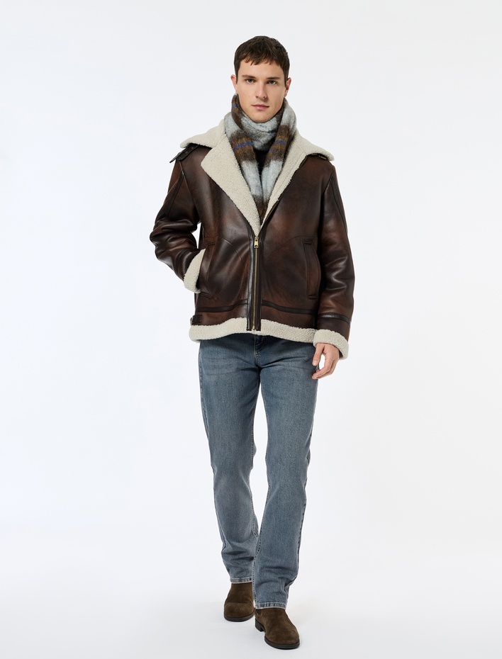  Peluş Yaka Uzun Kollu Cep Detaylı Fermuarlı Kışlık Suni Deri Ceket