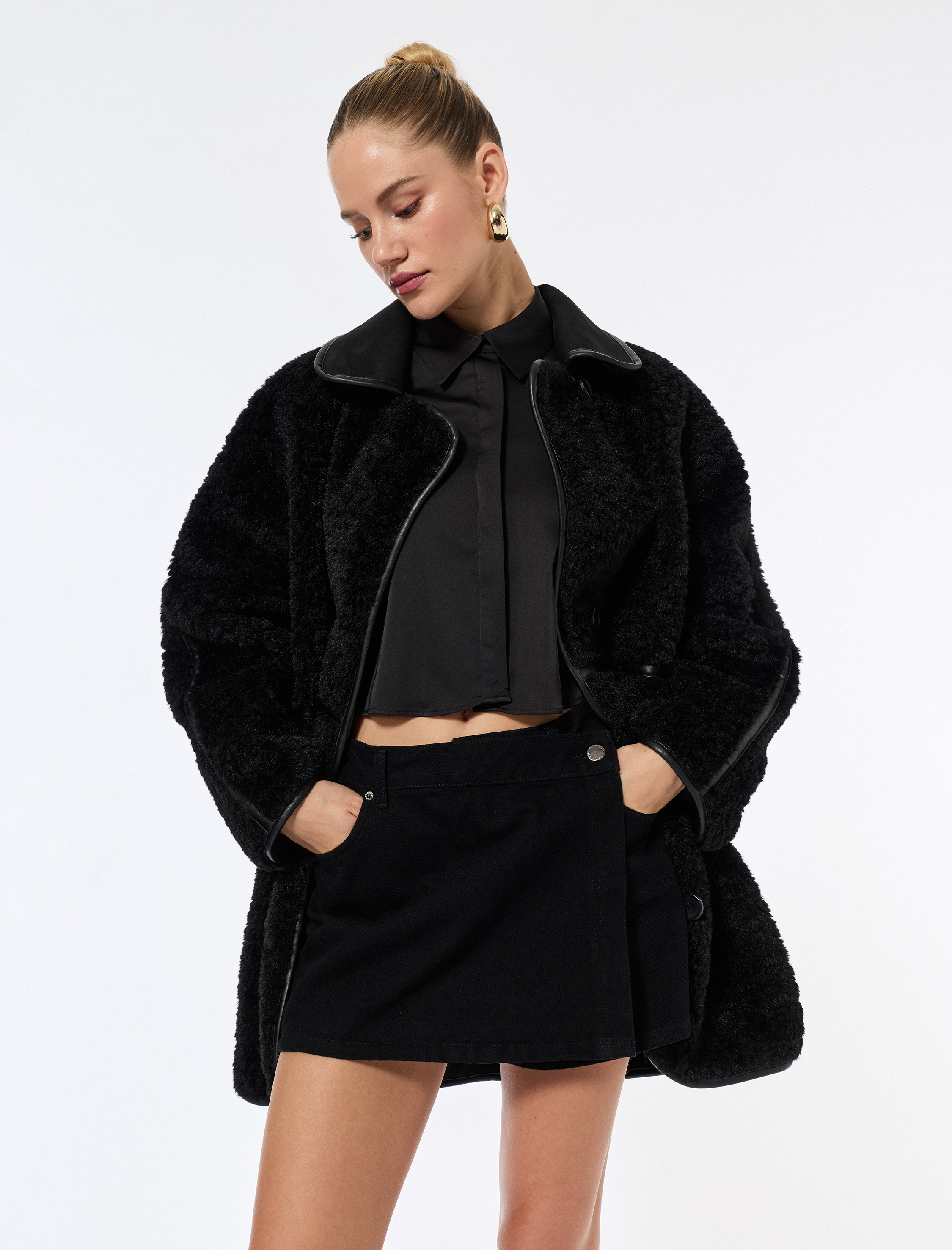   Bonded Kaban Oversize Peluş Düğmeli Cepli Kruvaze Uzun Kollu