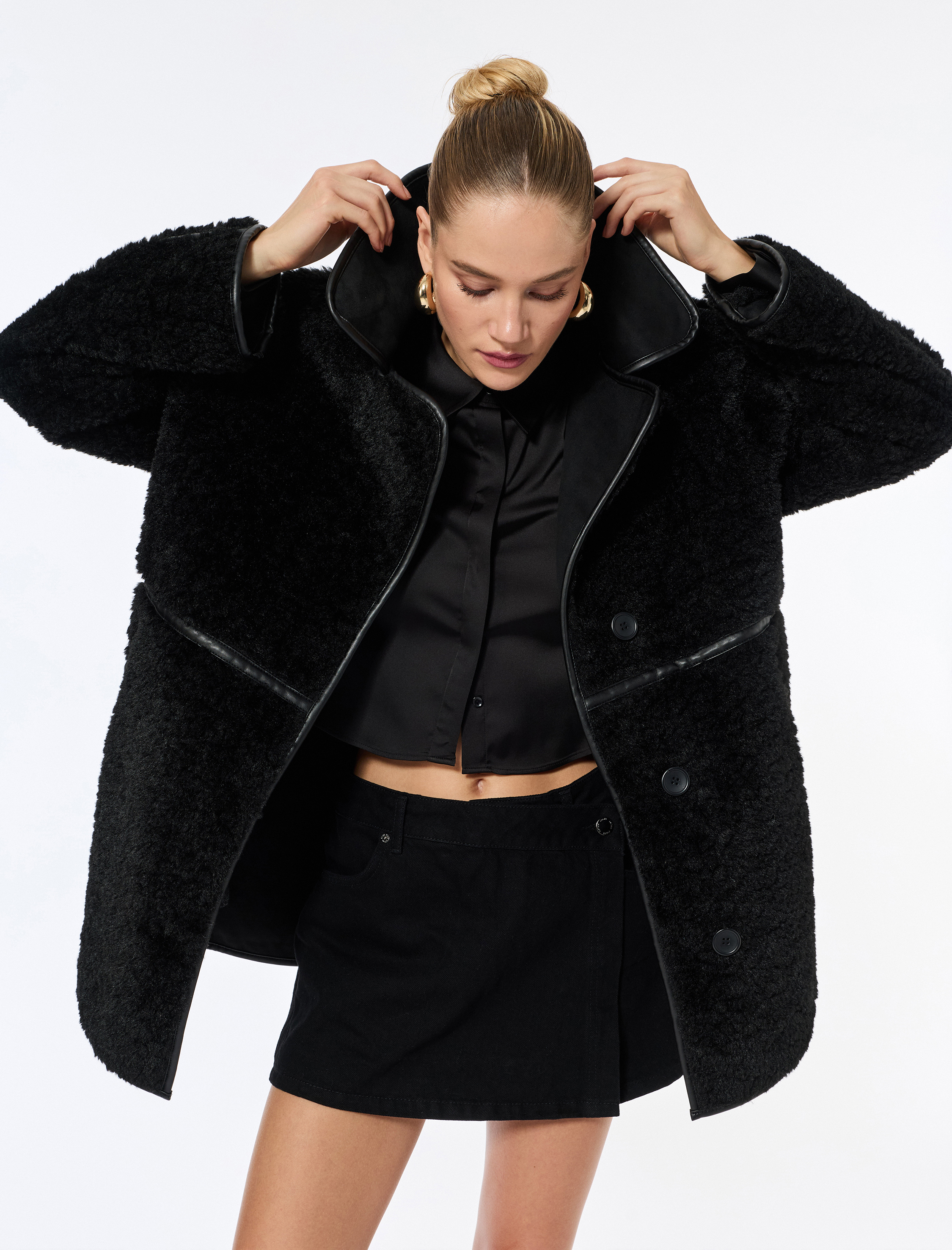   Bonded Kaban Oversize Peluş Düğmeli Cepli Kruvaze Uzun Kollu