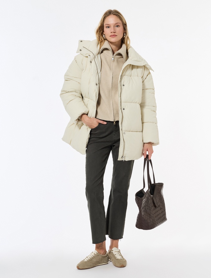  Fermuarlı Cepli Çıkarılabilir Kapüşonlu Uzun Kollu Su İtici Oversize Şişme Mont