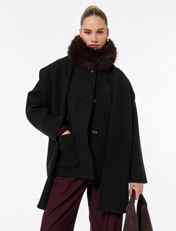  Cepli Düğmeli Uzun Kollu Atkılı Kaşe Kaban