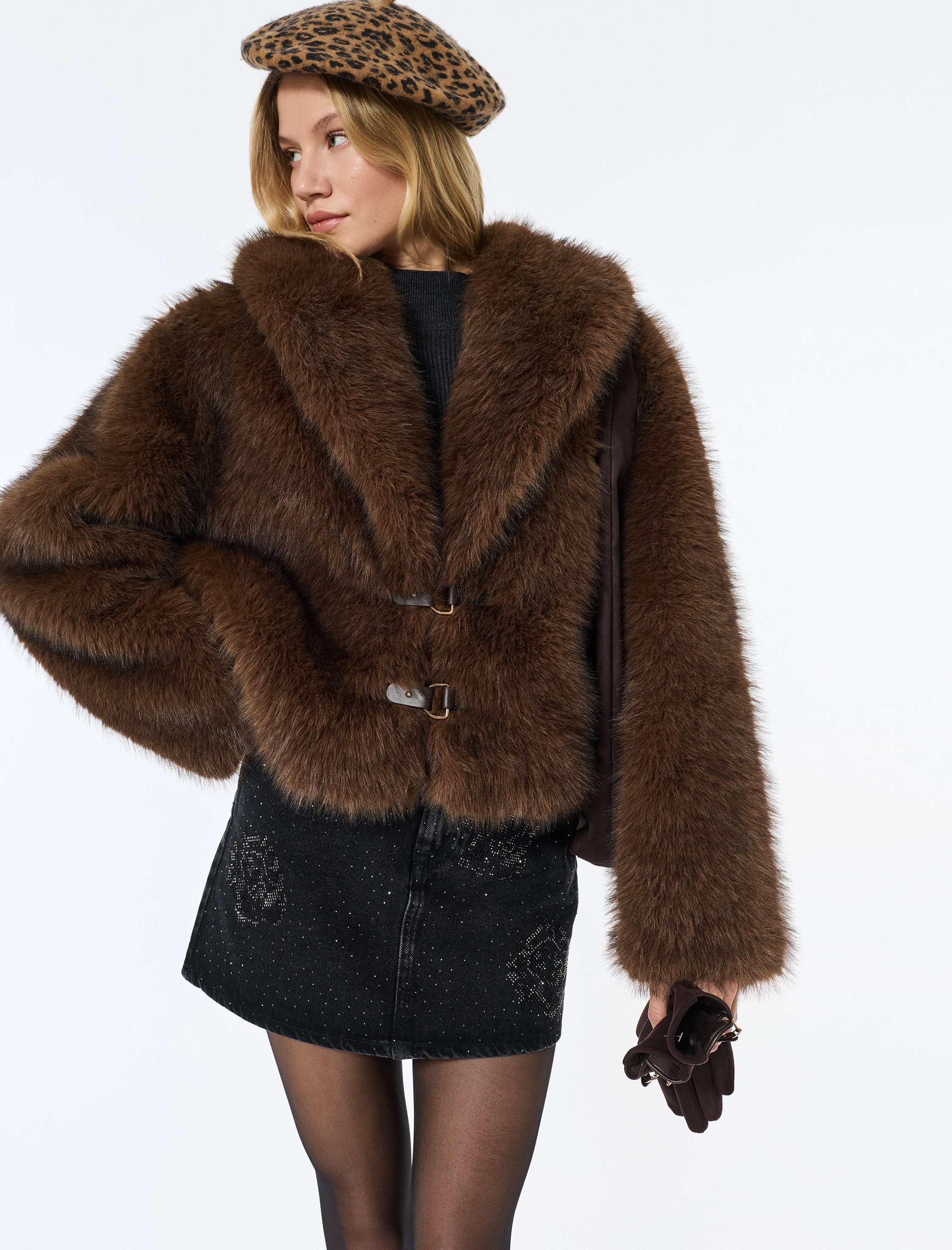   Suni Kürk Mont Uzun Kollu Kruvaze Crop