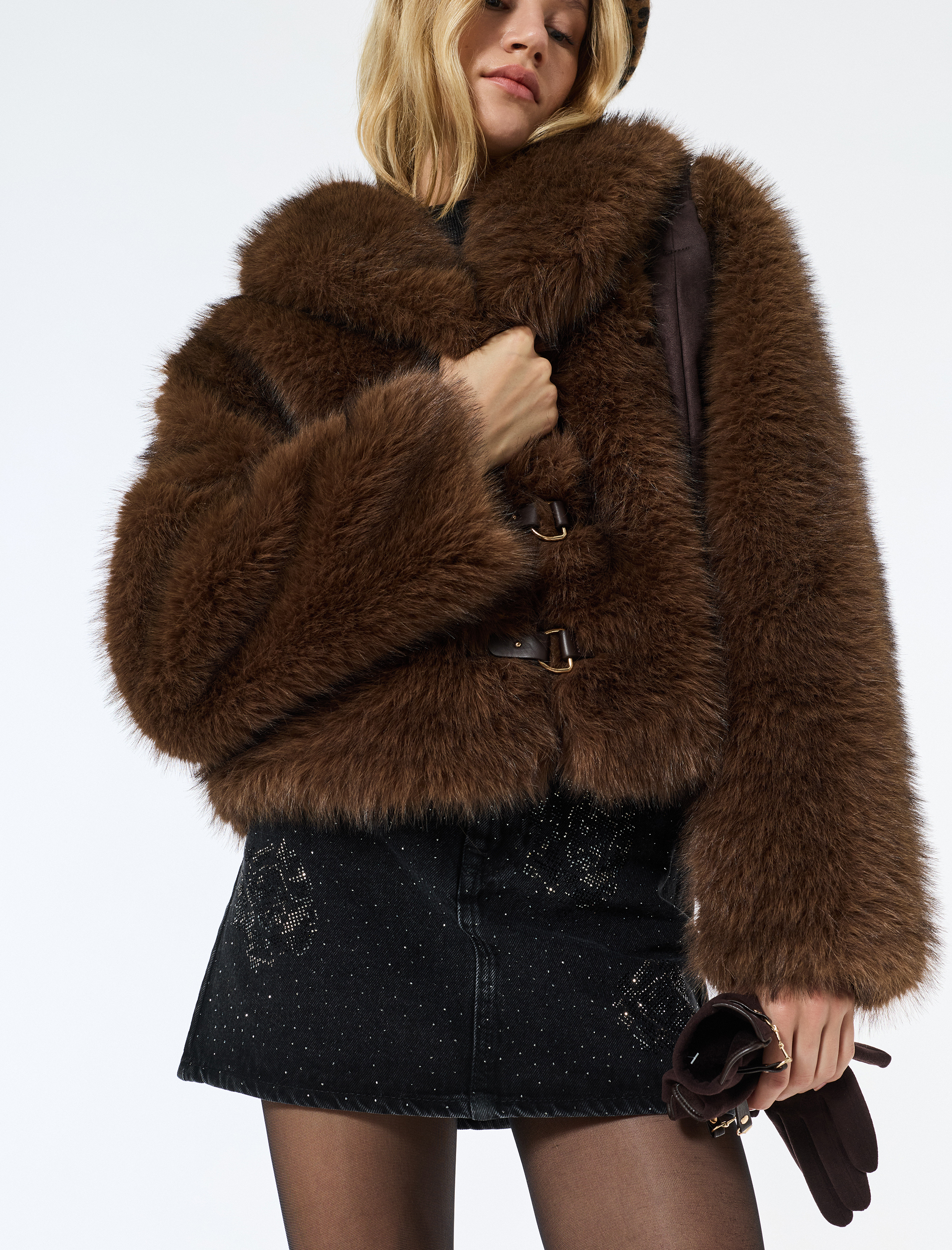   Suni Kürk Mont Uzun Kollu Kruvaze Crop