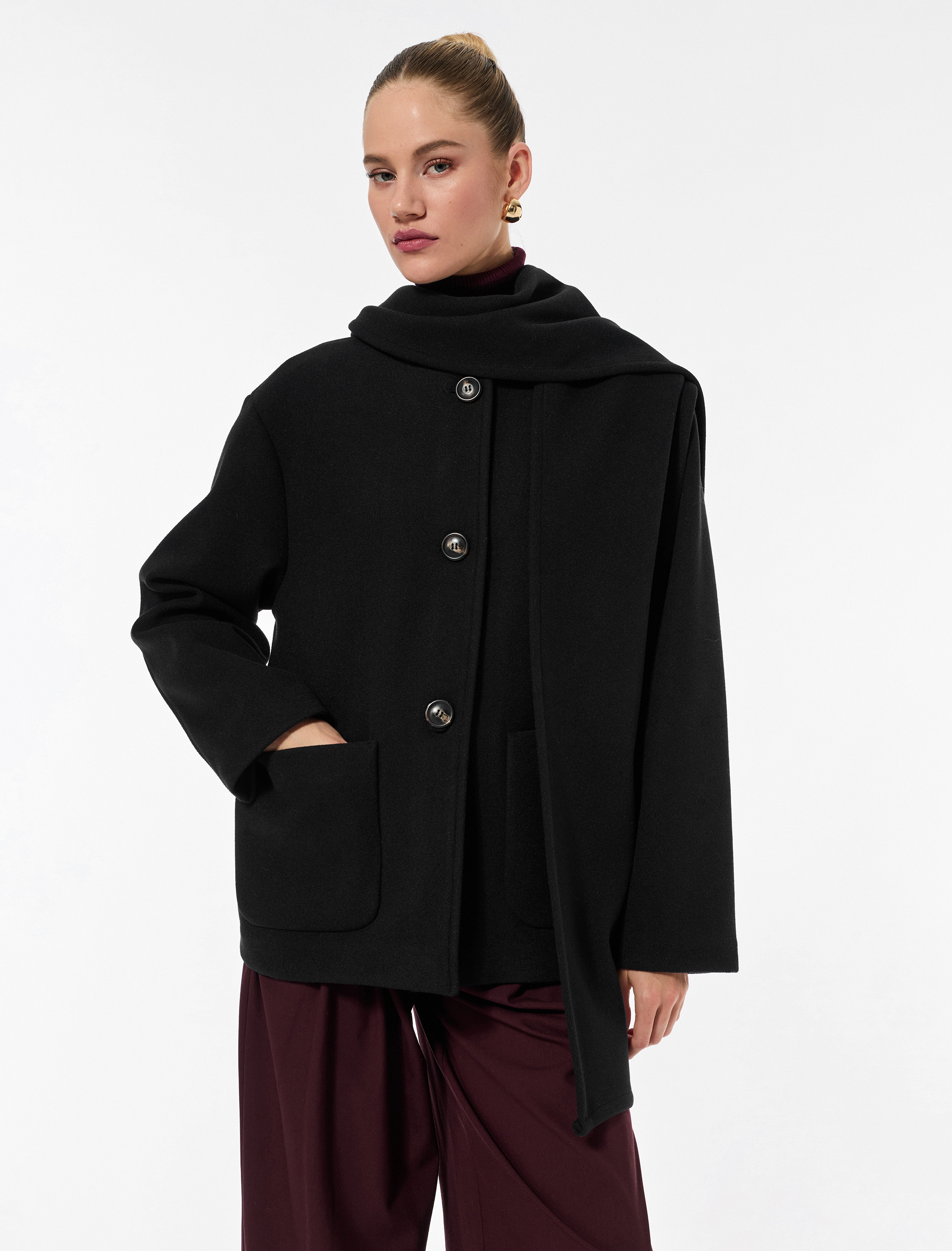   Cepli Düğmeli Uzun Kollu Atkılı Kaşe Kaban