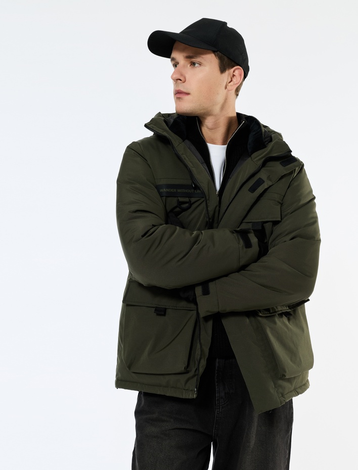  Uzun Kollu Kapaklı Cepli Fermuarlı Kapşonlu Kışlık Parka