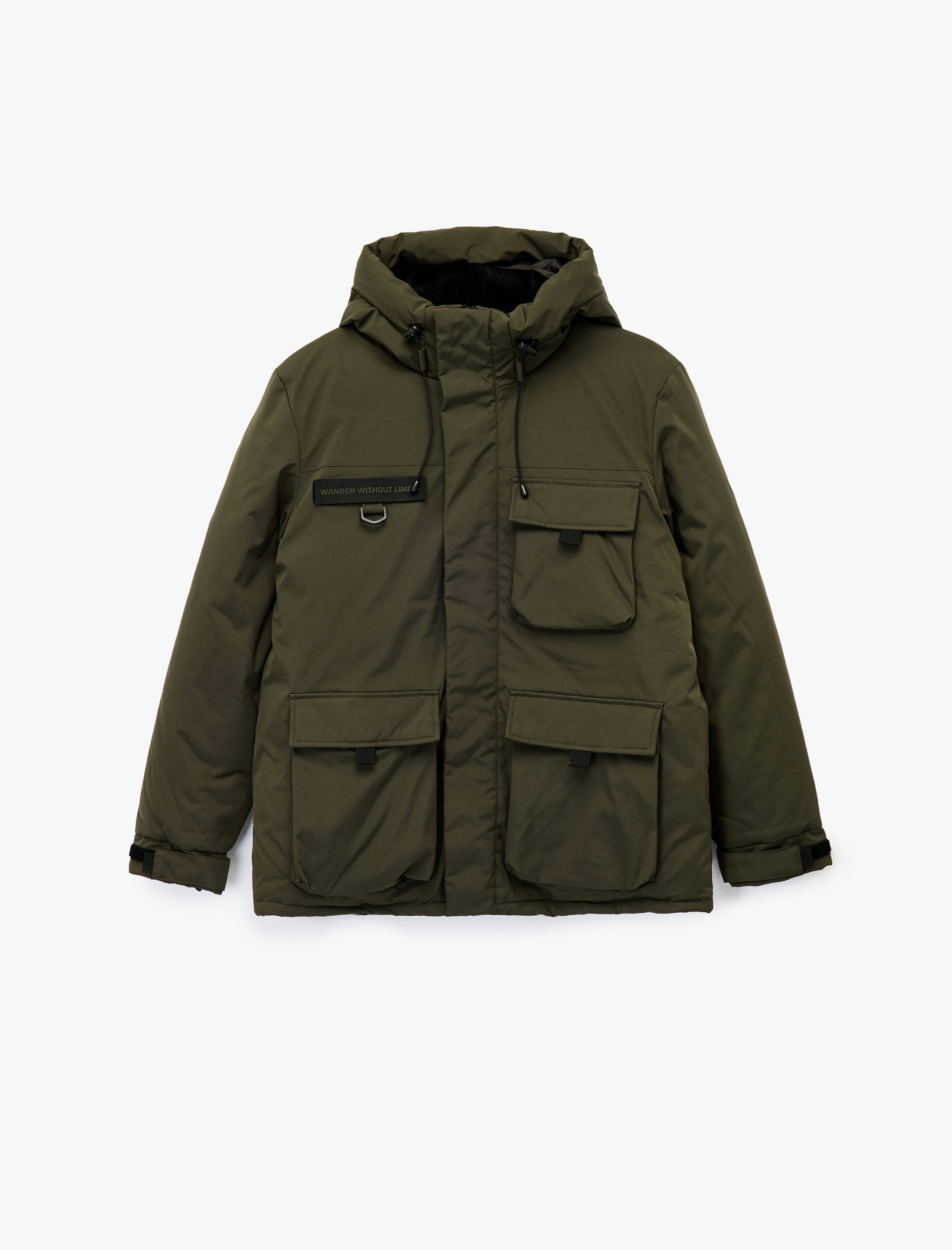   Uzun Kollu Kapaklı Cepli Fermuarlı Kapşonlu Kışlık Parka