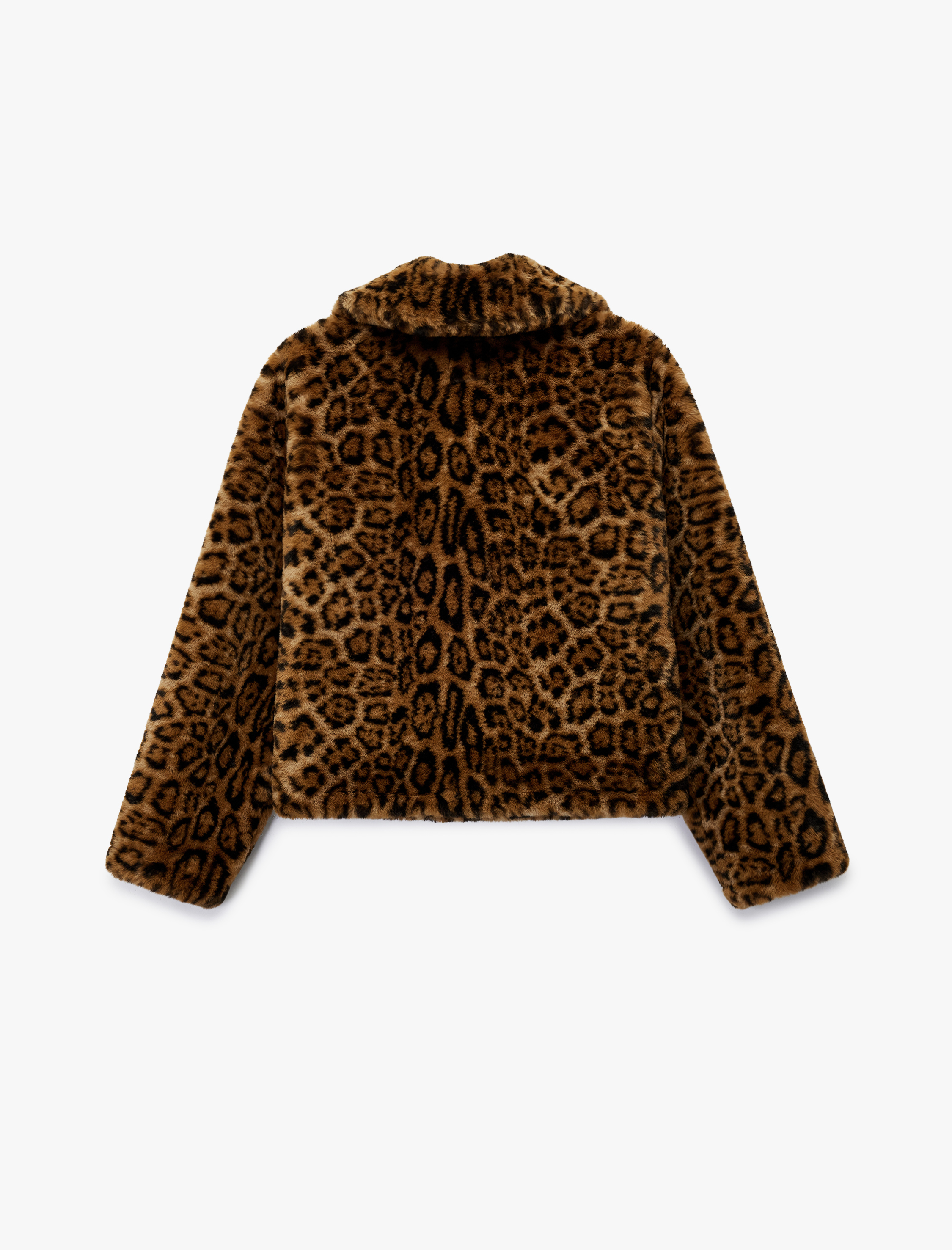   Uzun Kollu Düğmeli Leopar Desenli Suni Kürk Mont
