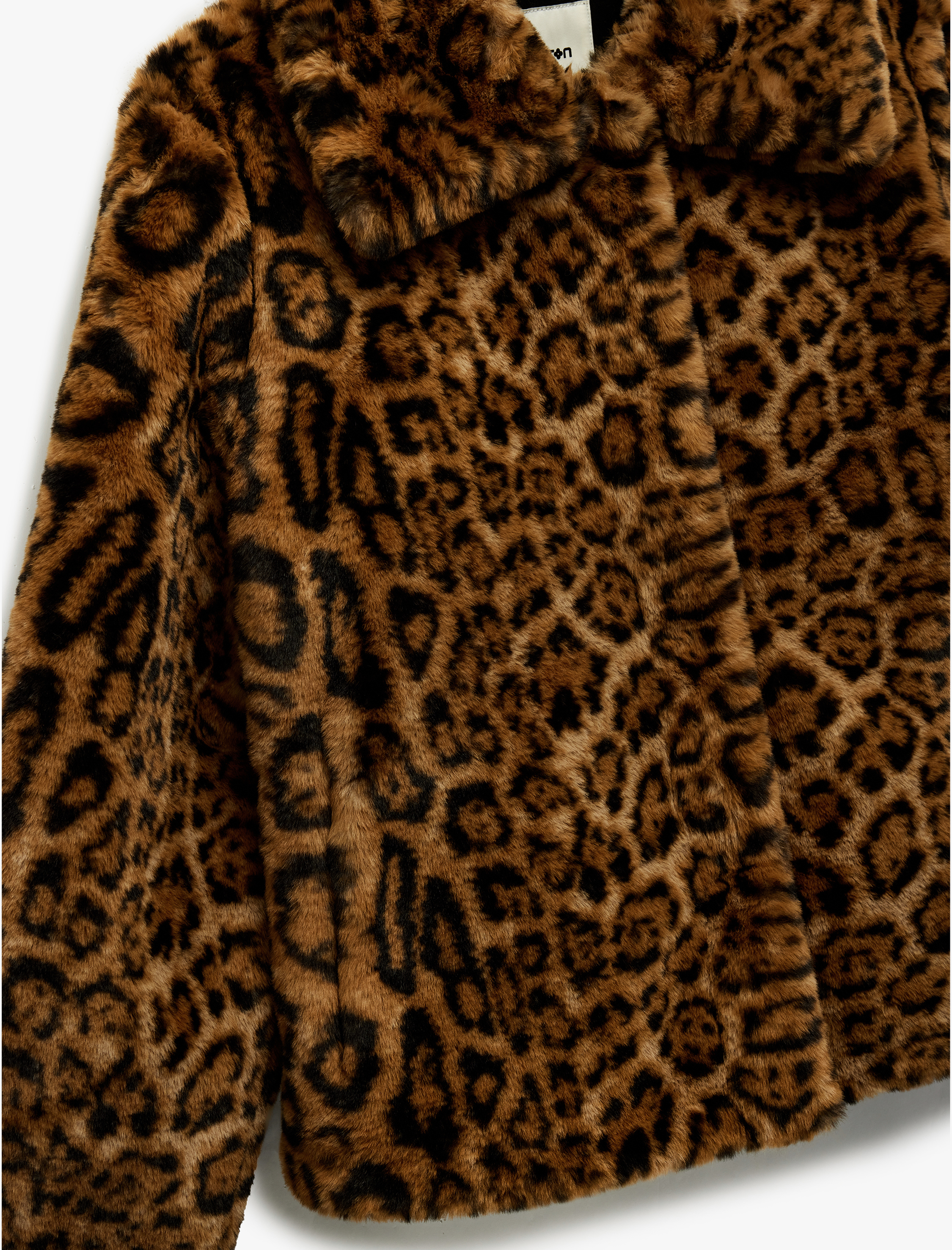   Uzun Kollu Düğmeli Leopar Desenli Suni Kürk Mont