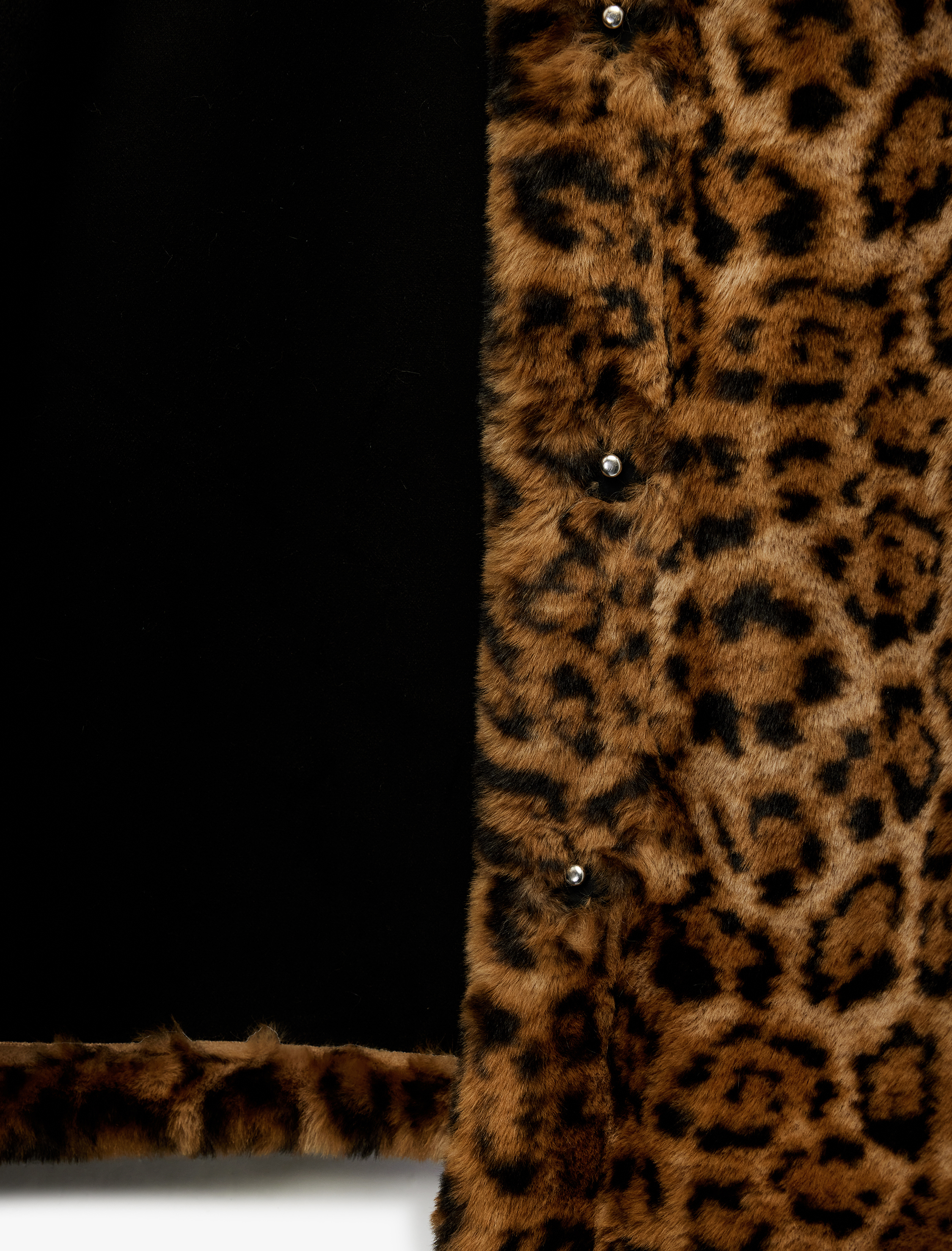   Uzun Kollu Düğmeli Leopar Desenli Suni Kürk Mont