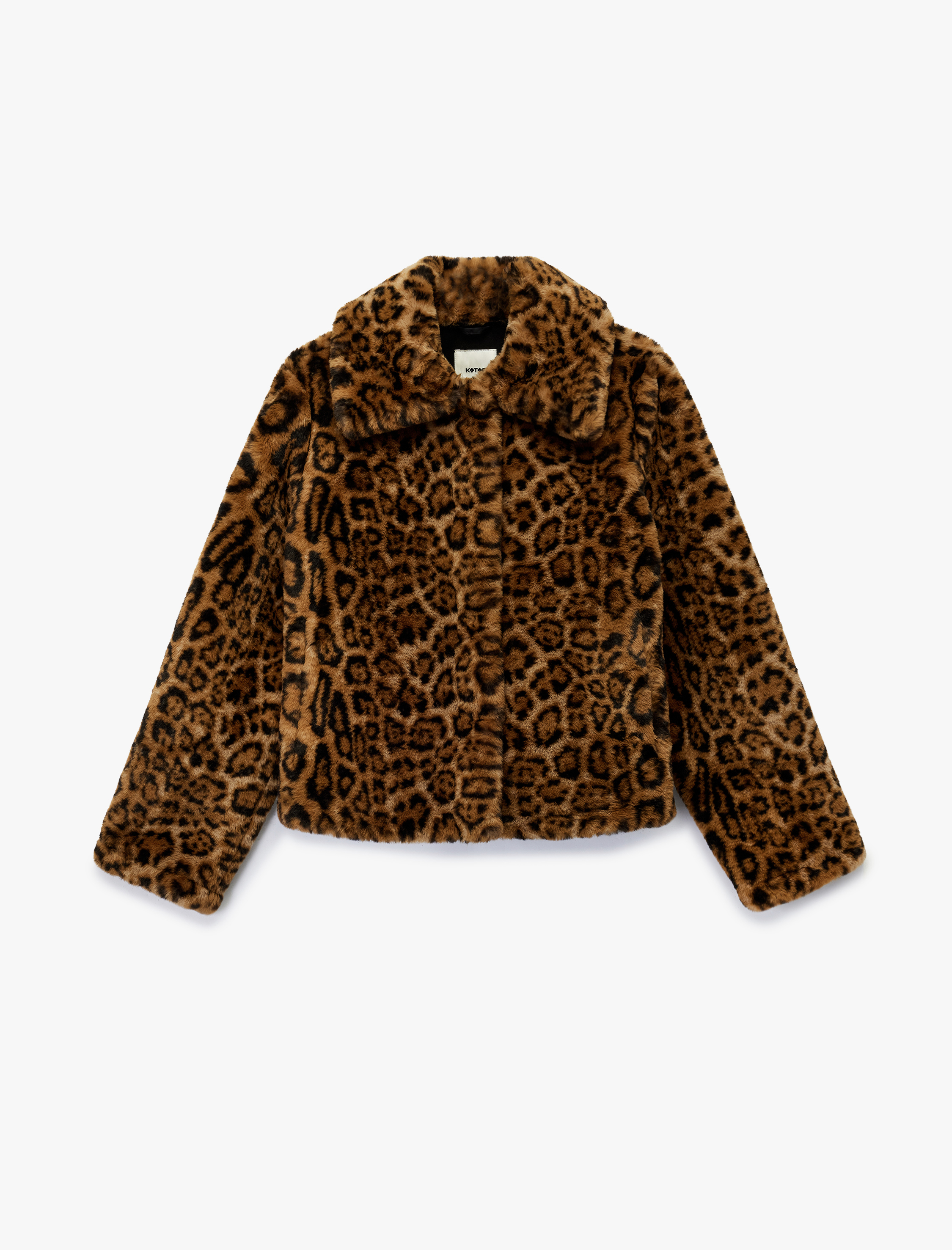   Uzun Kollu Düğmeli Leopar Desenli Suni Kürk Mont