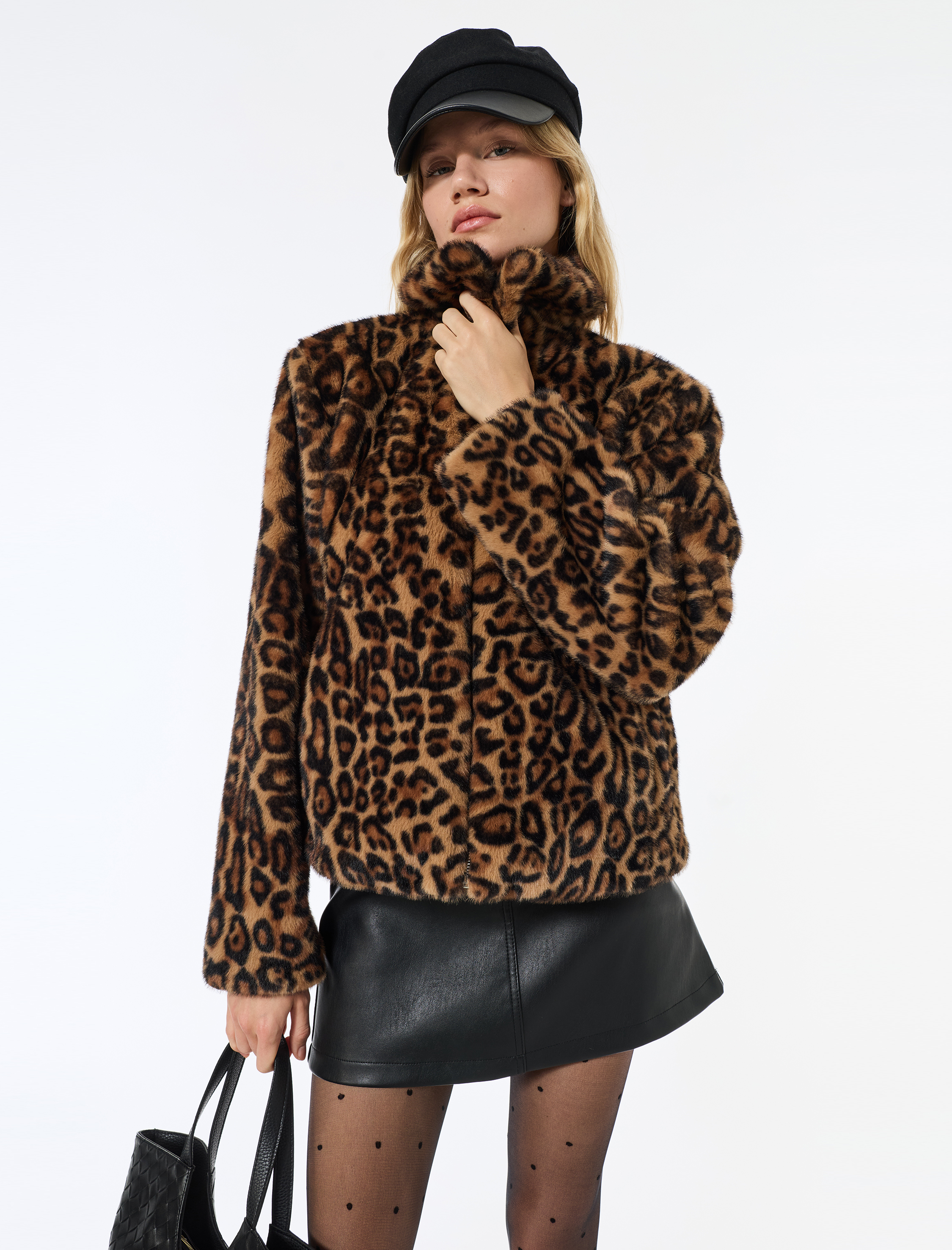   Suni Kürk Mont Leopar Desenli Crop Cepli Fermuarlı