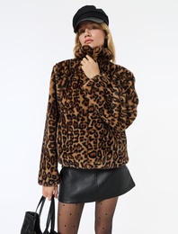 Suni Kürk Mont Leopar Desenli Crop Cepli Fermuarlı