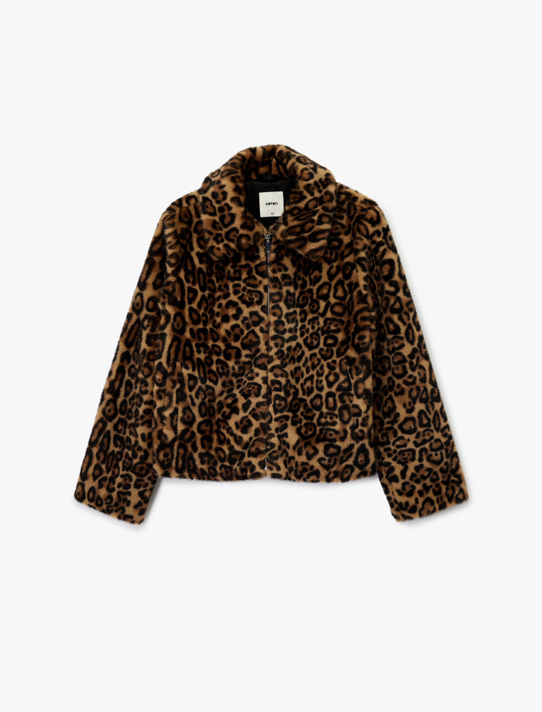   Suni Kürk Mont Leopar Desenli Crop Cepli Fermuarlı