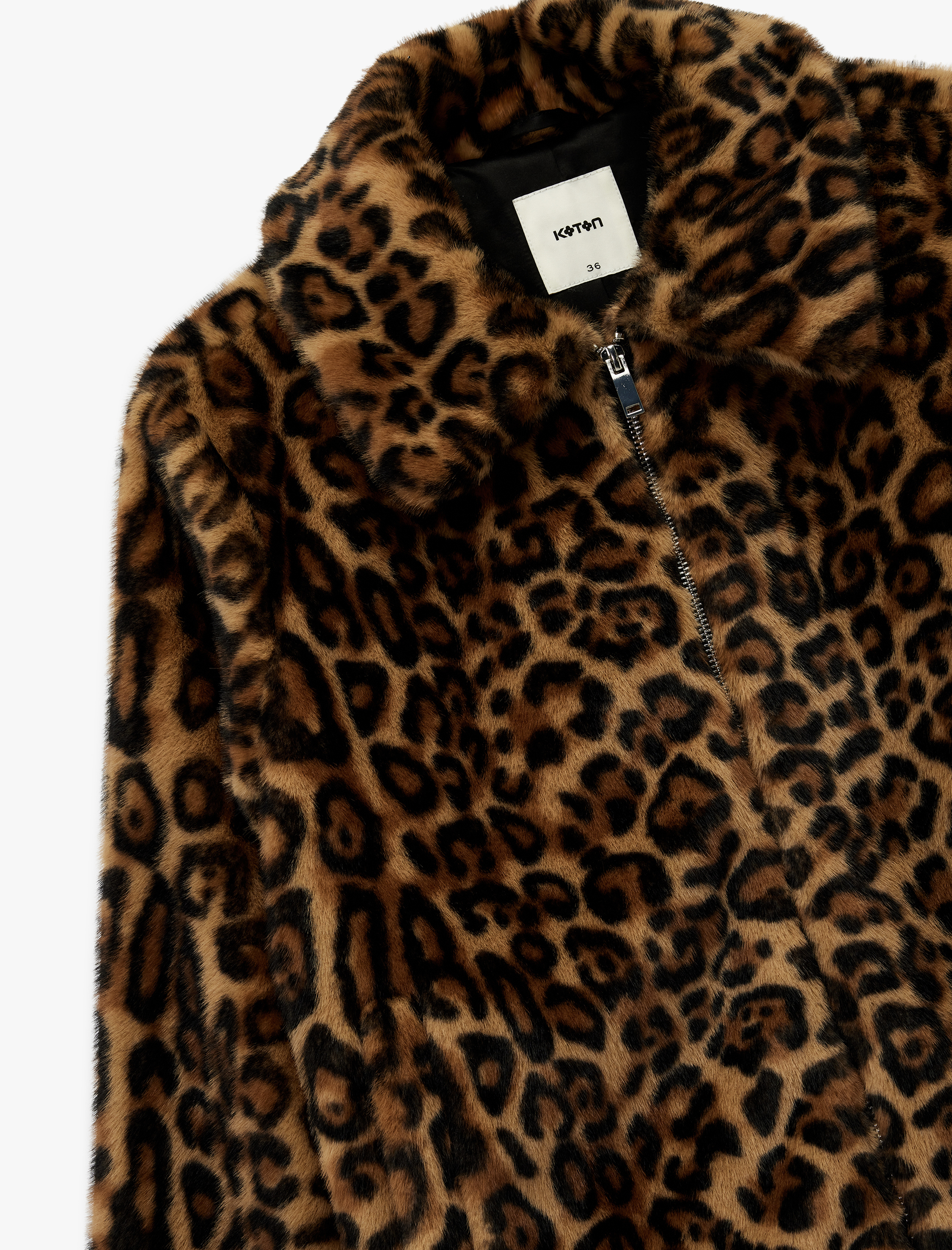   Suni Kürk Mont Leopar Desenli Crop Cepli Fermuarlı