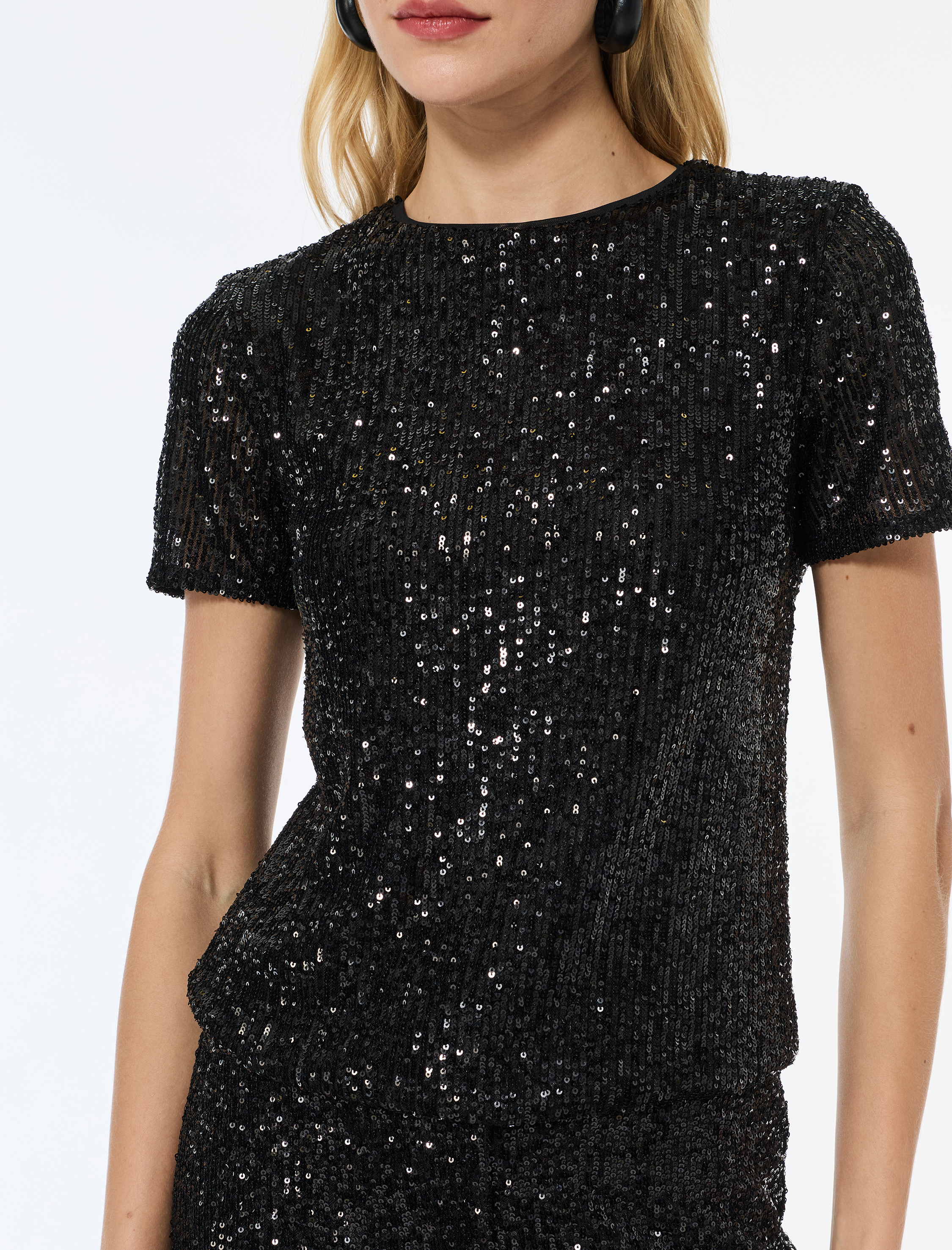   Kısa Kollu Bisiklet Yaka Pullu Payetli Abiye Bluz