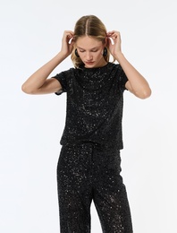 Kısa Kollu Bisiklet Yaka Pullu Payetli Abiye Bluz