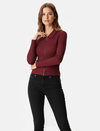 Fermuarlı Slim Fit Gömlek Yaka Kaşkorse Uzun Kollu Tişört