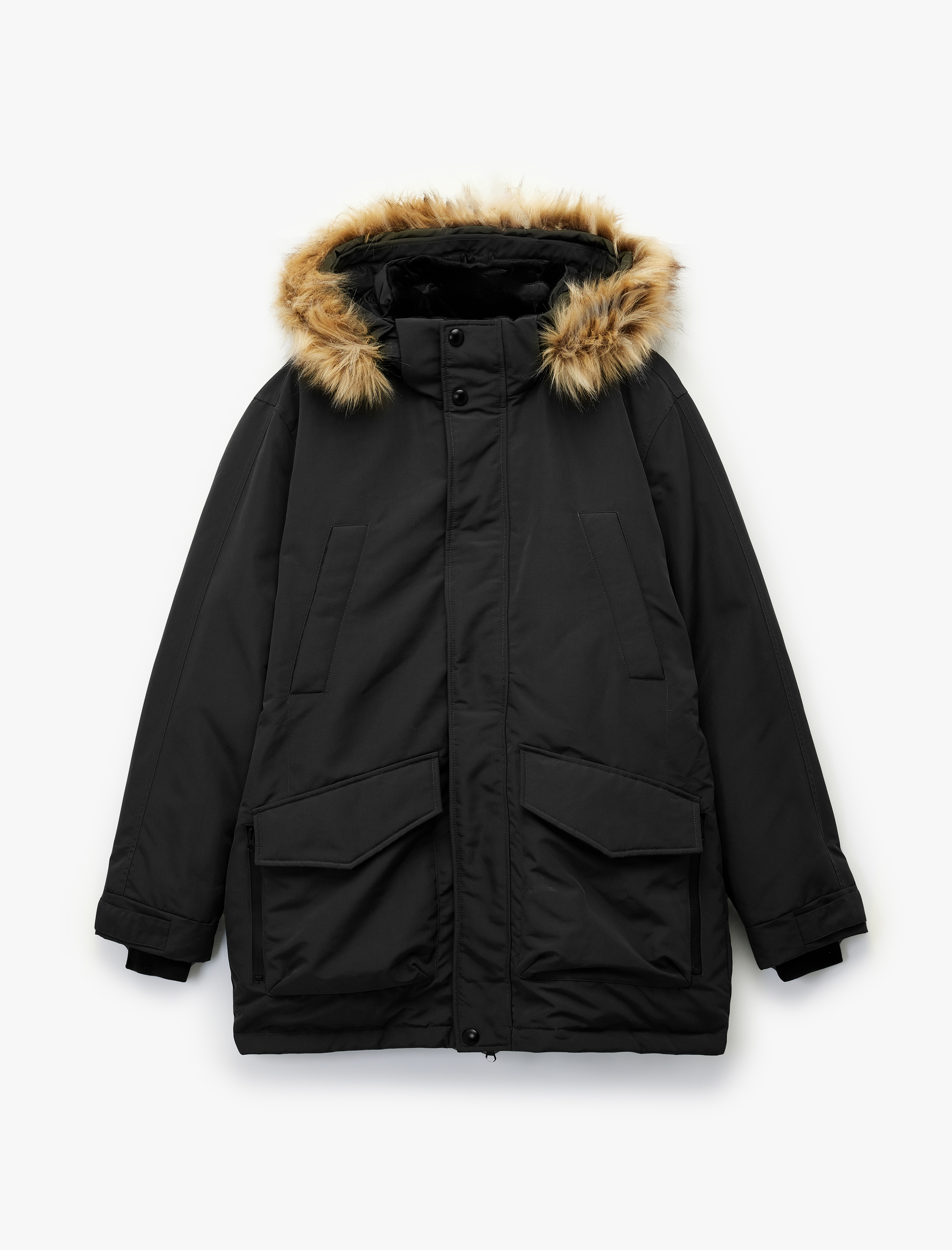   Uzun Kollu Kapaklı Cepli Suni Kürklü Kapşonlu Parka